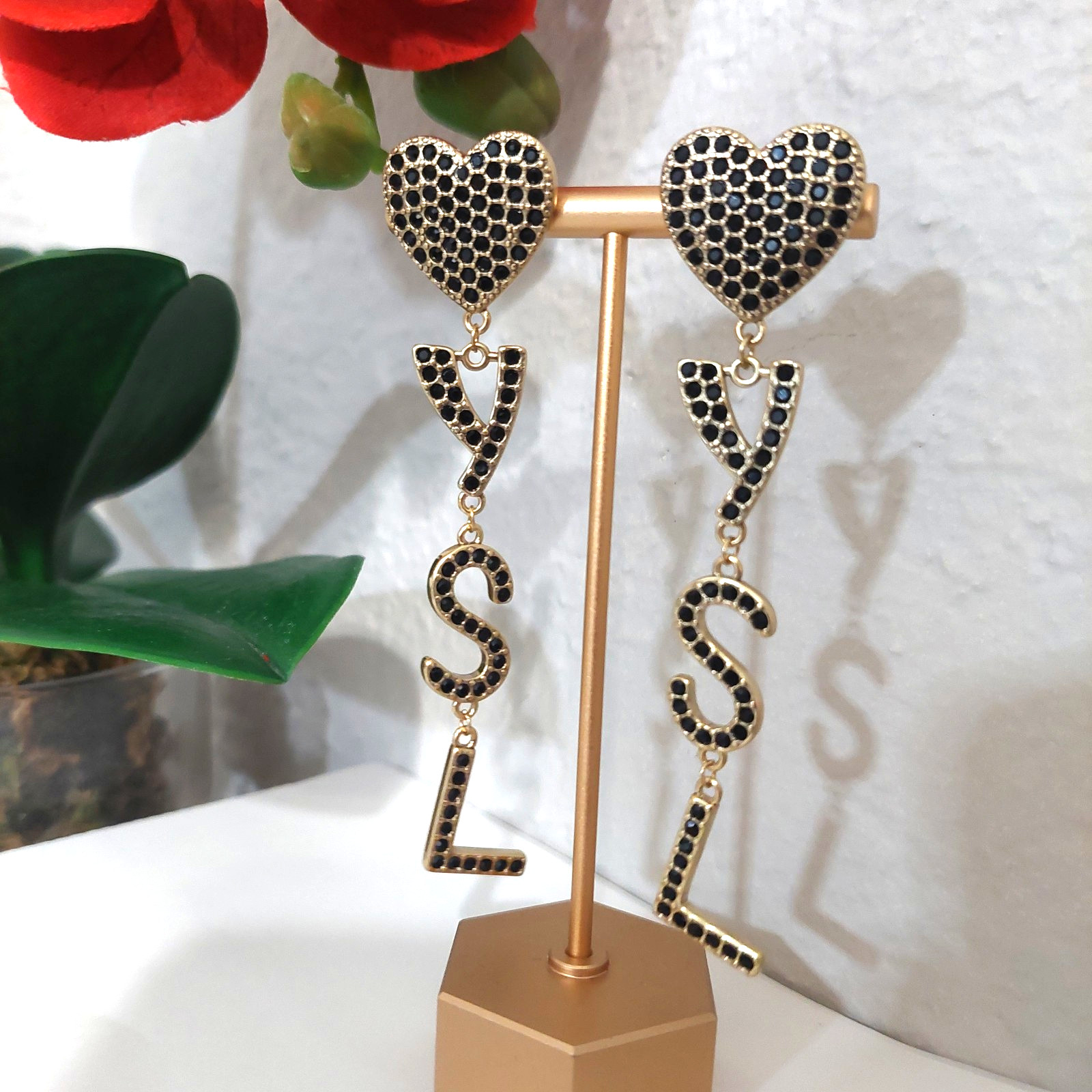 Auth. YVES SAINT LAURENT YSL Black CRYSTAL LOGO Large Drop Statement EARRINGS