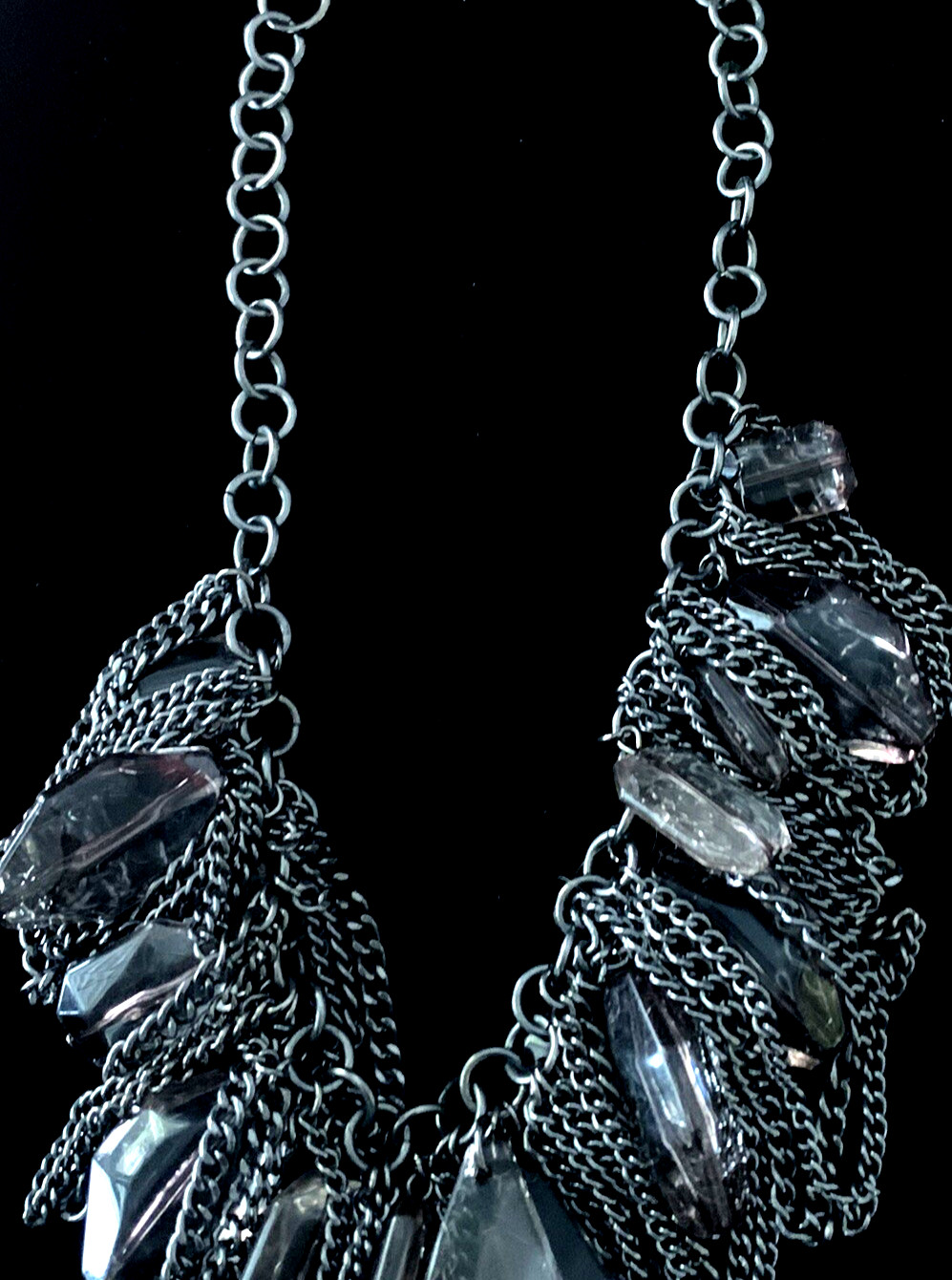 Stunning Dark Silver w/ Dark Gray Crystal Like Gemstones Necklace