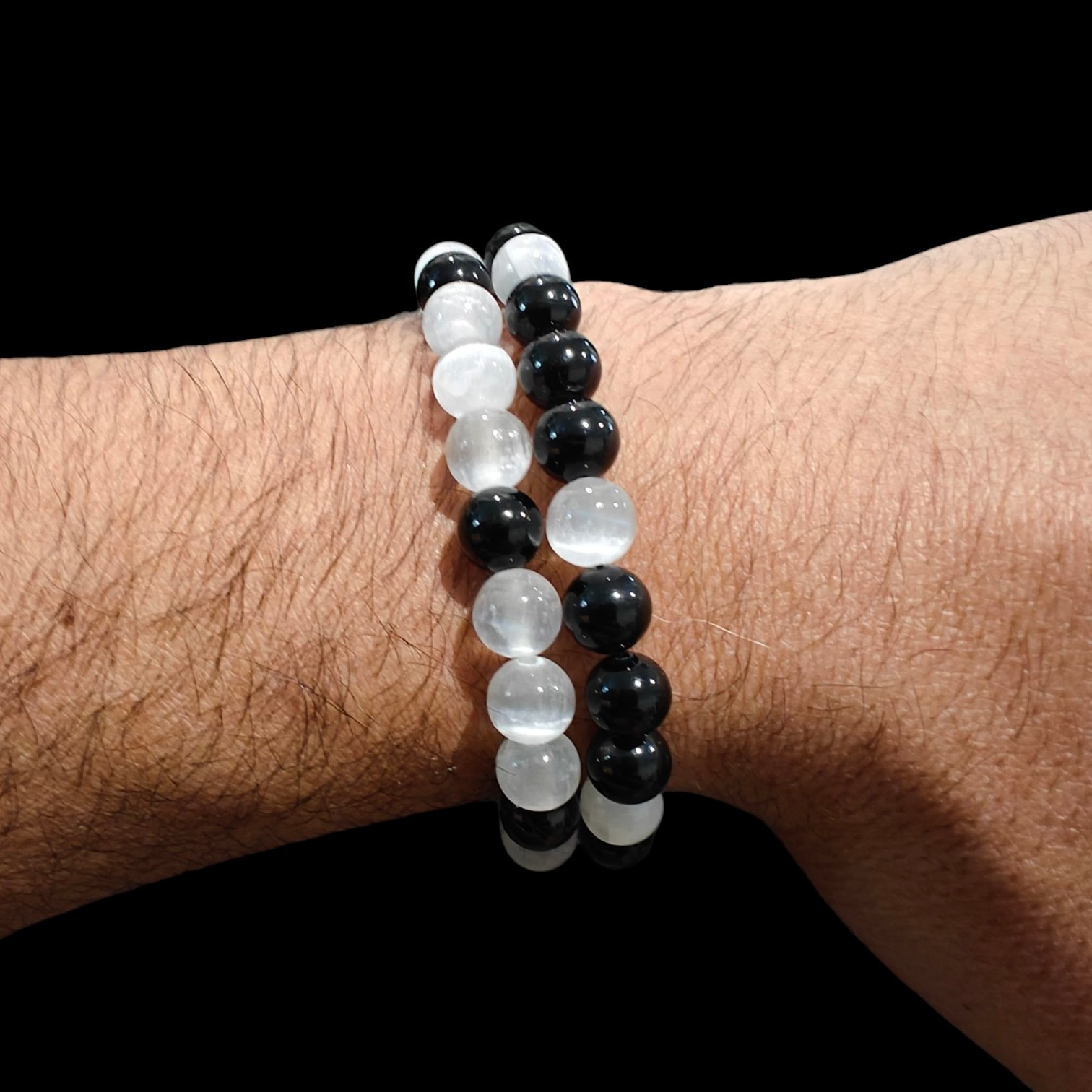 Black Tourmaline And Selenite 2 Piece Bracelet Set 8mm Unisex