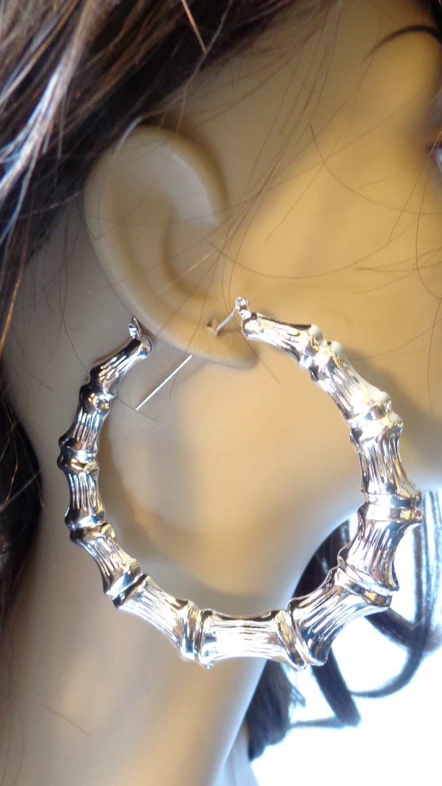 BIG BAMBOO HOOP EARRINGS FULL HOOP EARRINGS GOLD OR SILVER TONE 3.5 INCH HOOPS
