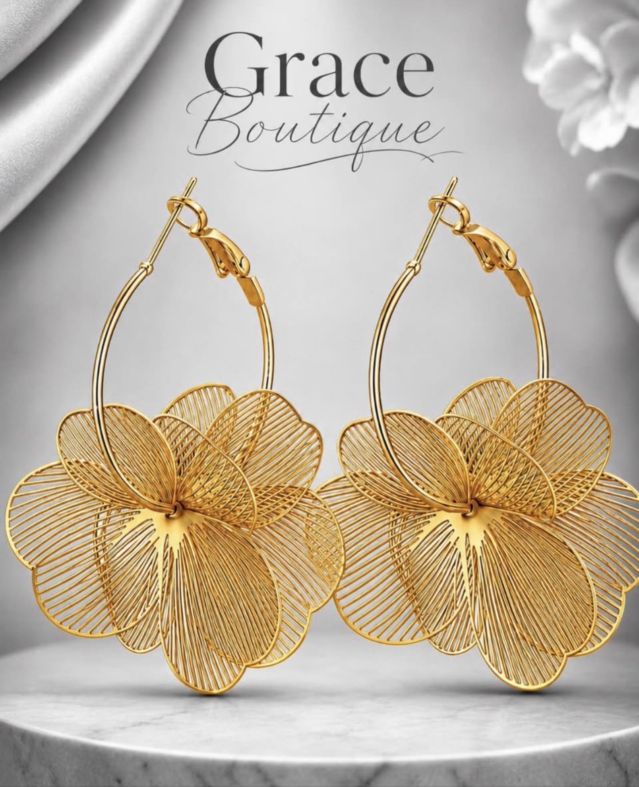 Grace Boutique Gold Tone Flower Hoop Dangle Earrings Pearl Crystal Hinged