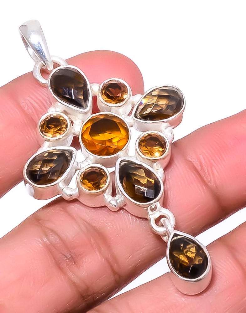 Golden Quartz & Smoky Quartz 925 Sterling Silver Pendant 2.34″ P4-22