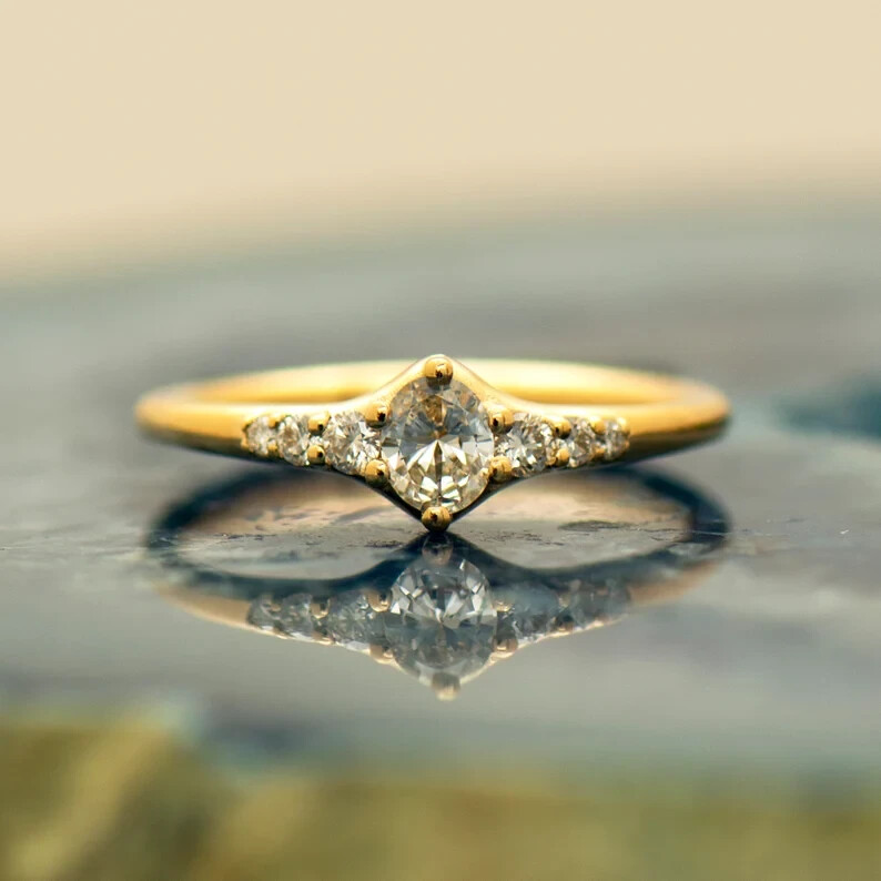 Tiny Wedding Band Ring 1.21 Ct Oval Cut Simulated Diamond 14K Yellow Gold Plated