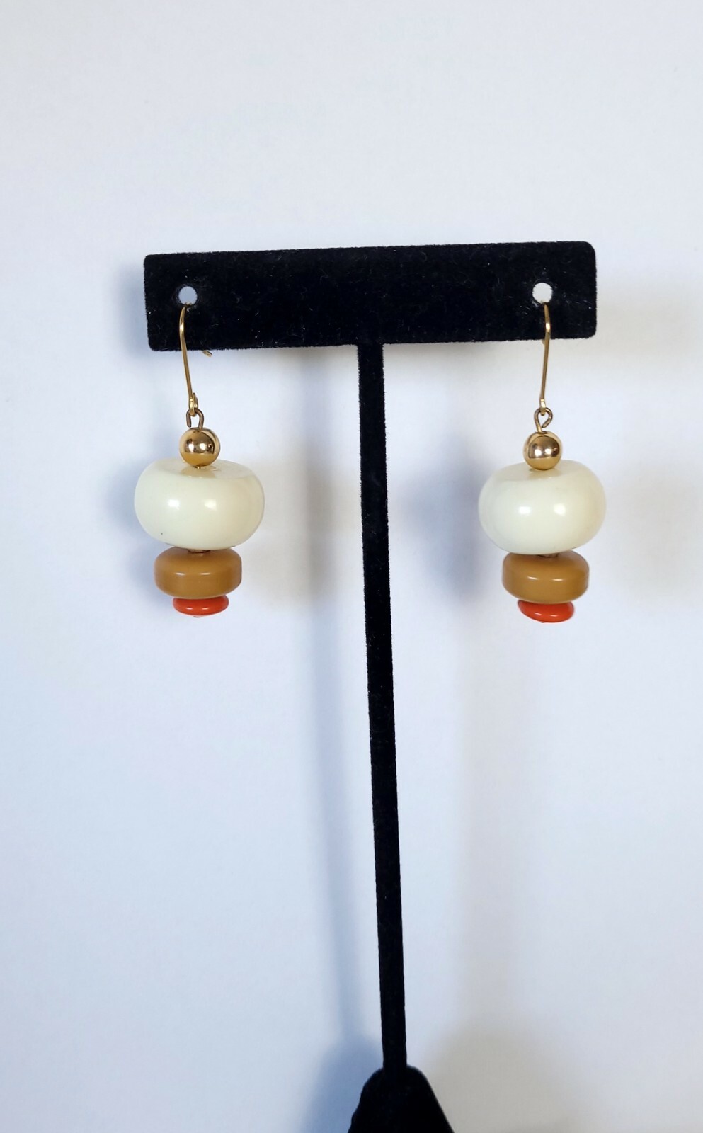 Vintage Gold Tone Neutral Colors Round Acrylic Bead Layered Dangle Earrings Hook