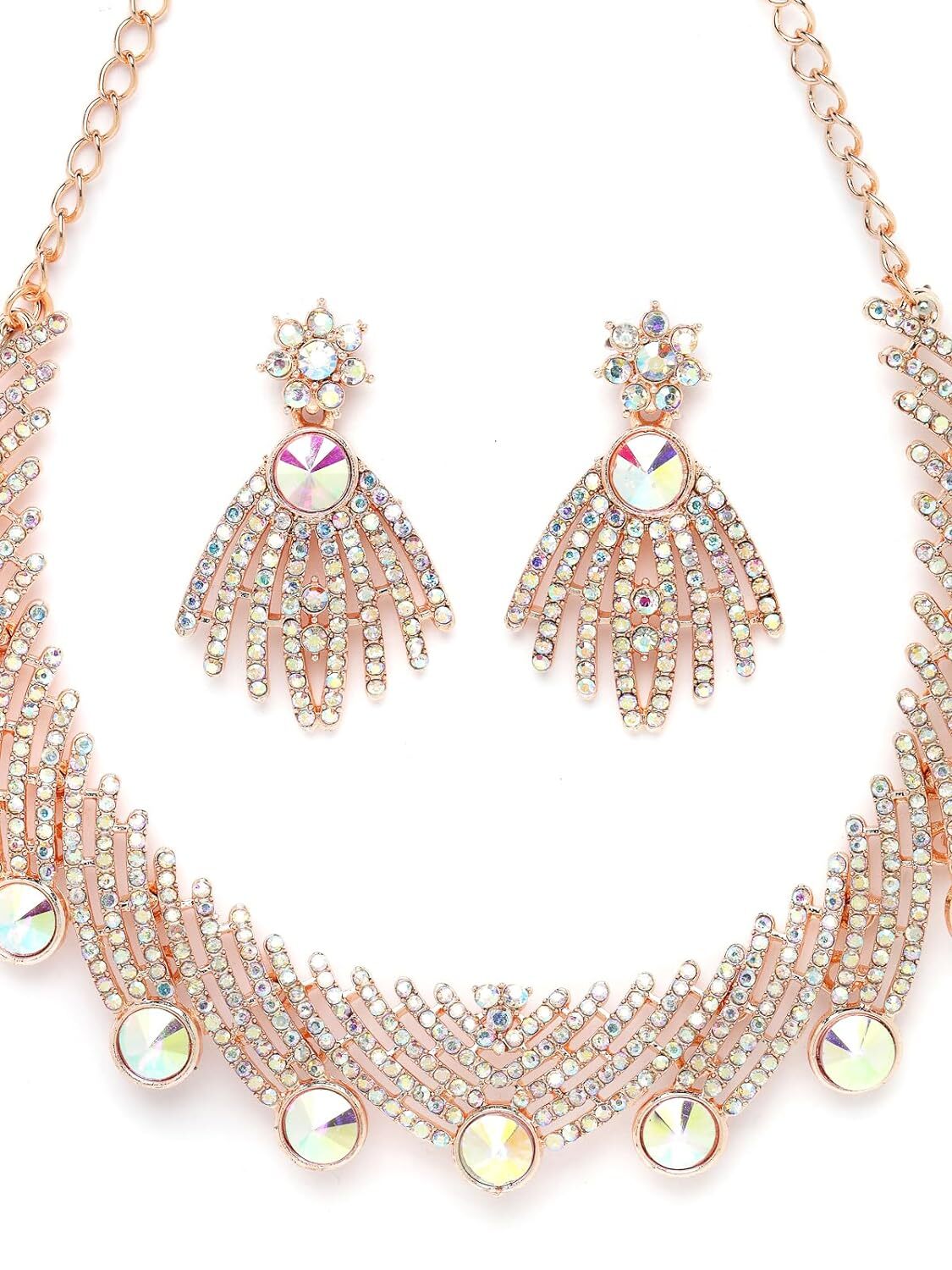 Rose Gold Plated Rainbow Stones Collar Bone Necklace Set With Earring And Maangt