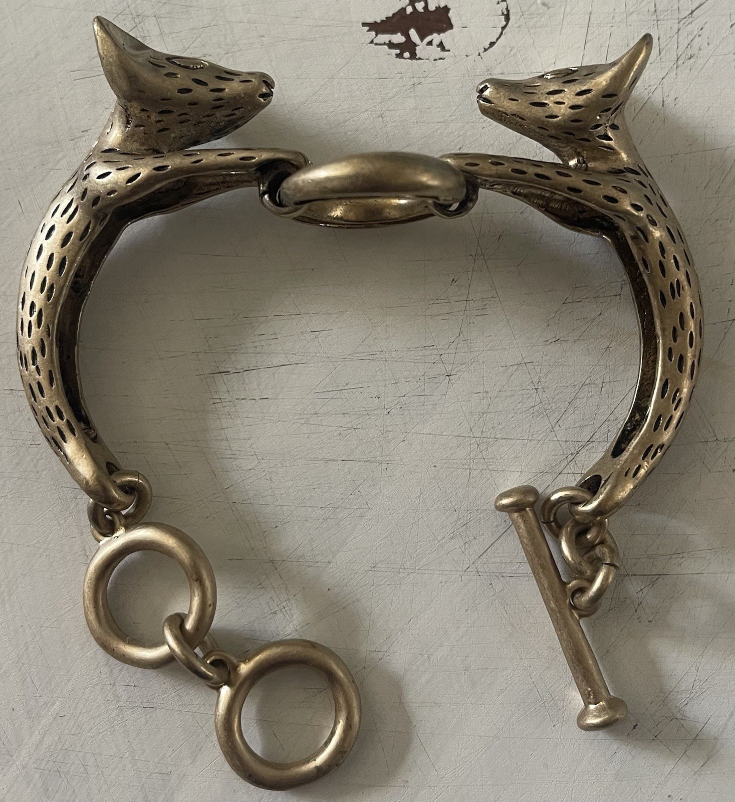Vintage Gold Bronze Brass Metal Double Fox Head Cuff Bracelet Heavy Unique
