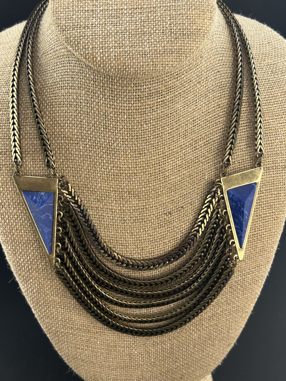 Jenny Bird Multi Strand Brass Chain Statement Bib Necklace Blue Lapis Triangles