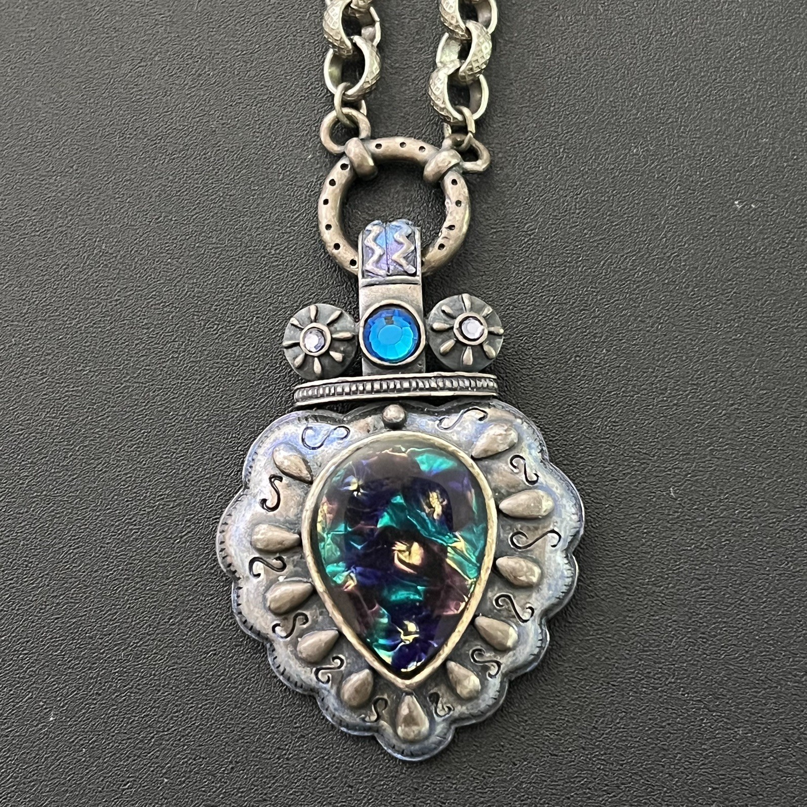 Chicos Statement Necklace Chunky Silver Tone Heart Crown Blue Green Gold