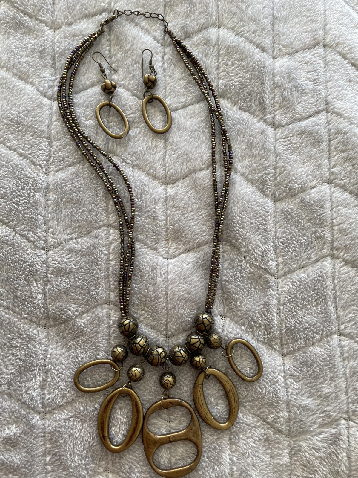 Dark Gold Tone Necklace And Pierced Earrings Set