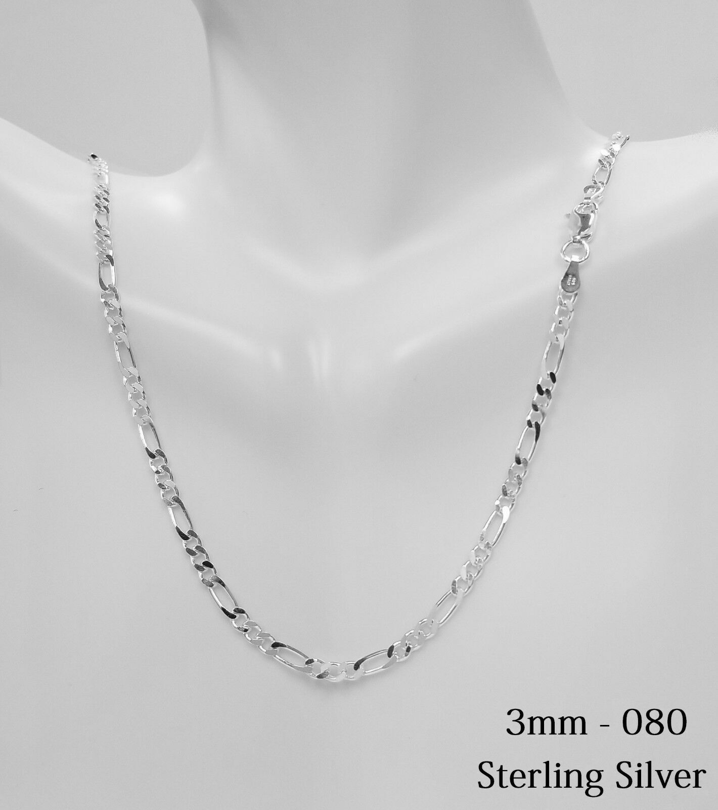 925 Sterling Silver 3MM Figaro Bracelet , Anklet And Necklace ALL SIZES 7″-30″