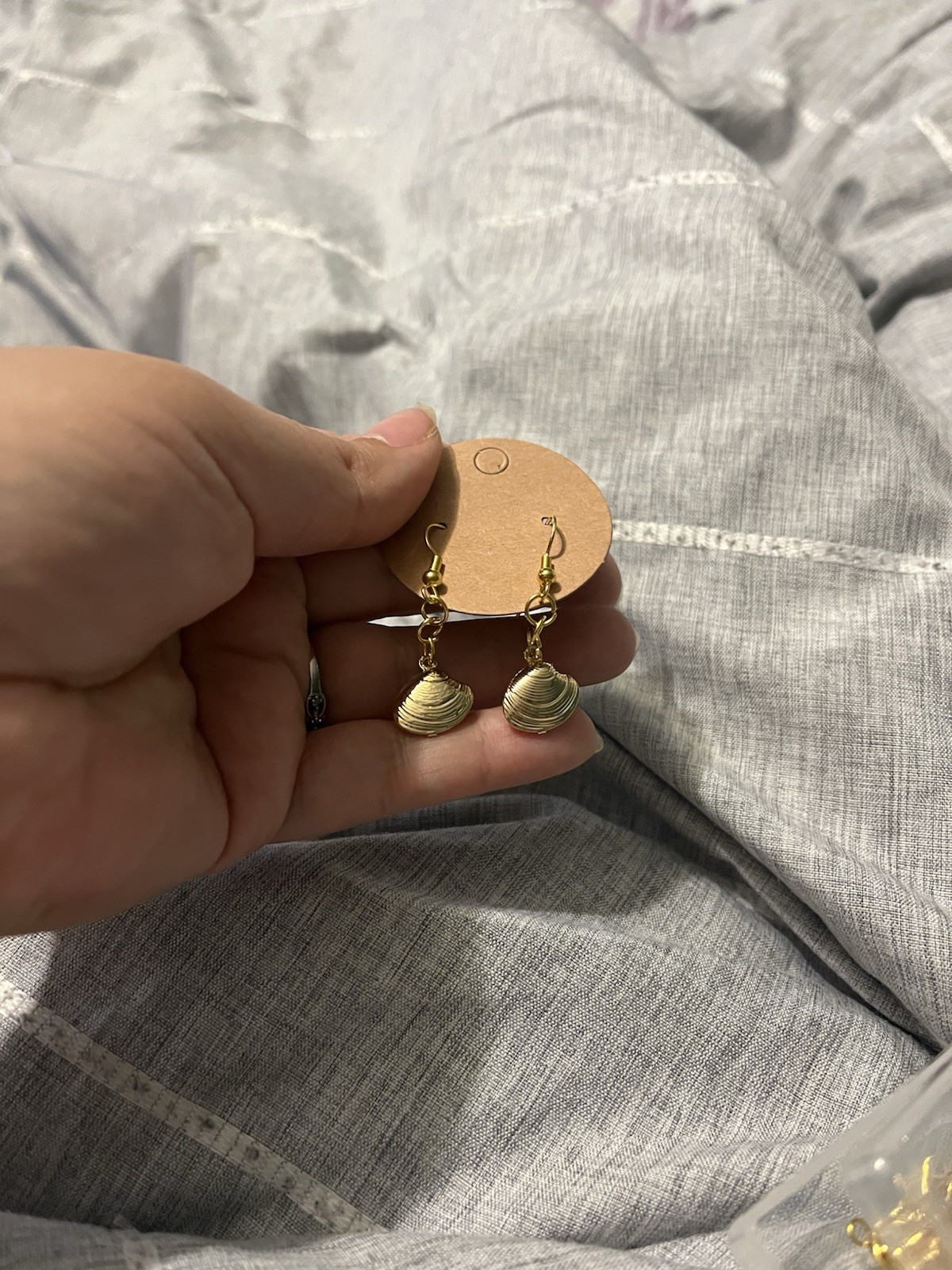 18k Gold Plated Metal Dangle/Drop Hook Earrings with Shell Charm, No Stone