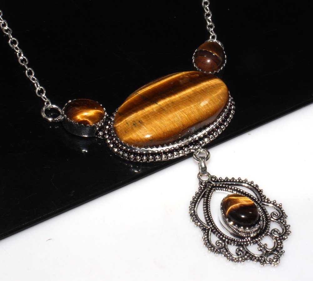 925 Silver Plated Tiger Eye Jewellery Necklace Handmade Gemstone Size 19″ JW