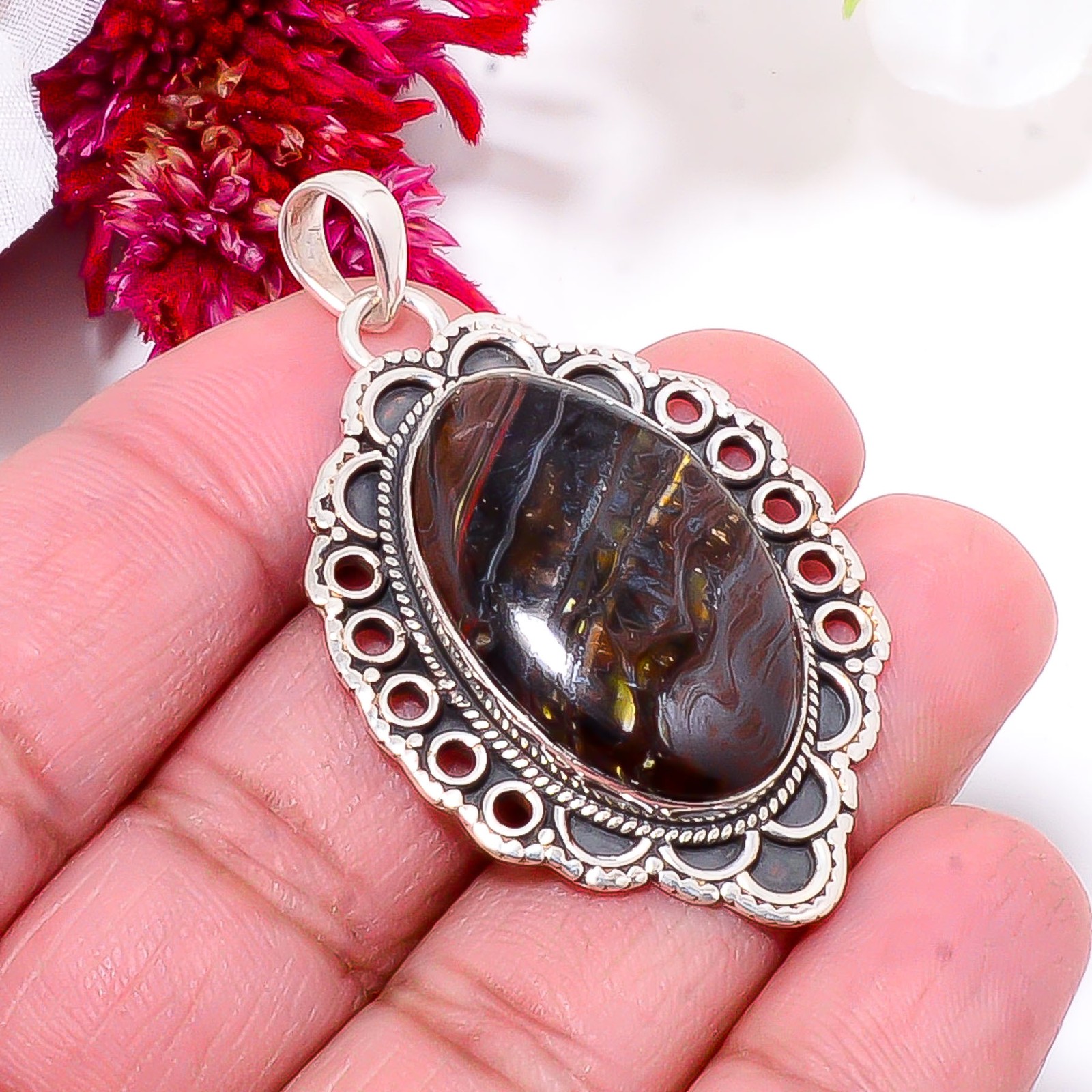 Iron Tiger Eye – South Africa 925 Sterling Silver Bali Pendant 1.95″ Sku36