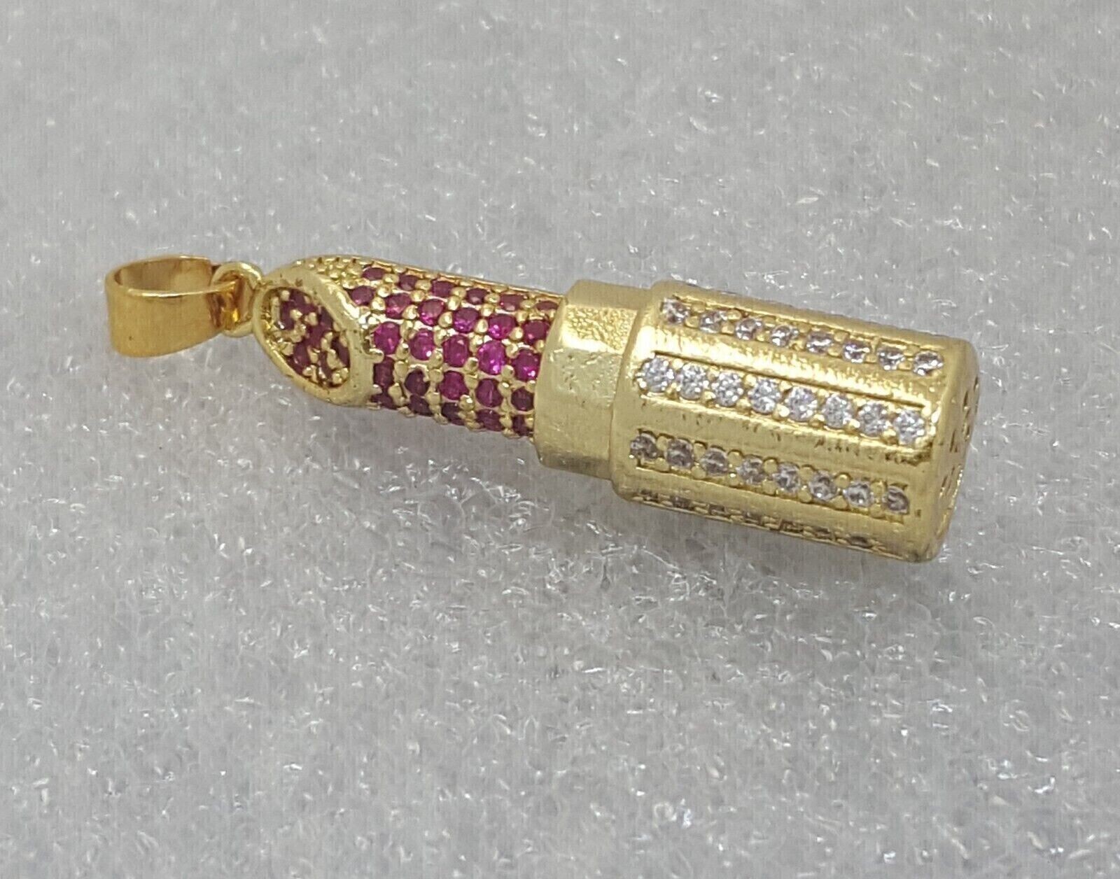 2ct Ruby & Diamond Simulated Lipsticks Pendant 18”chain 14k Yellow Gold Plated