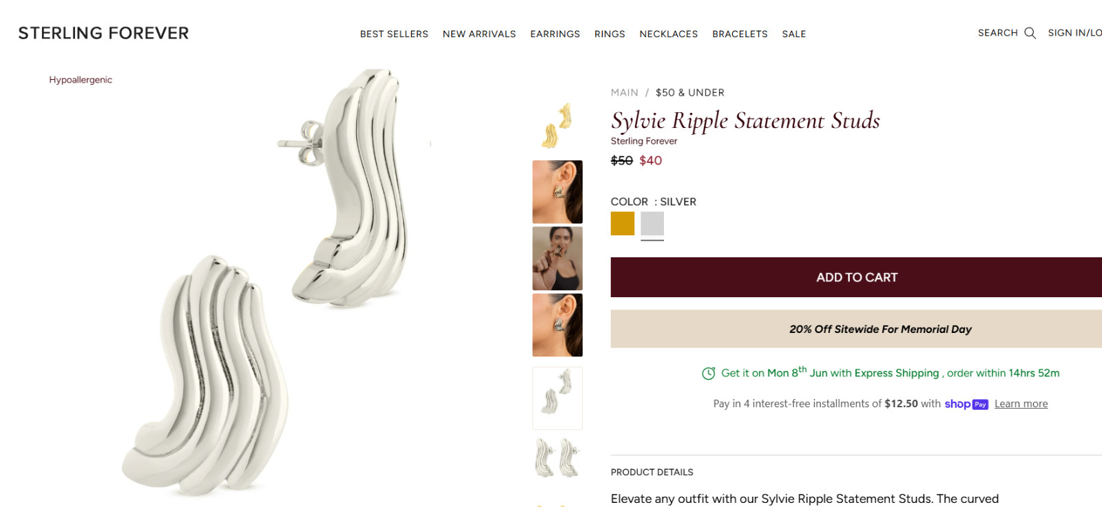 Sylvie Ripple Statement Studs Earrings Sterling Forever