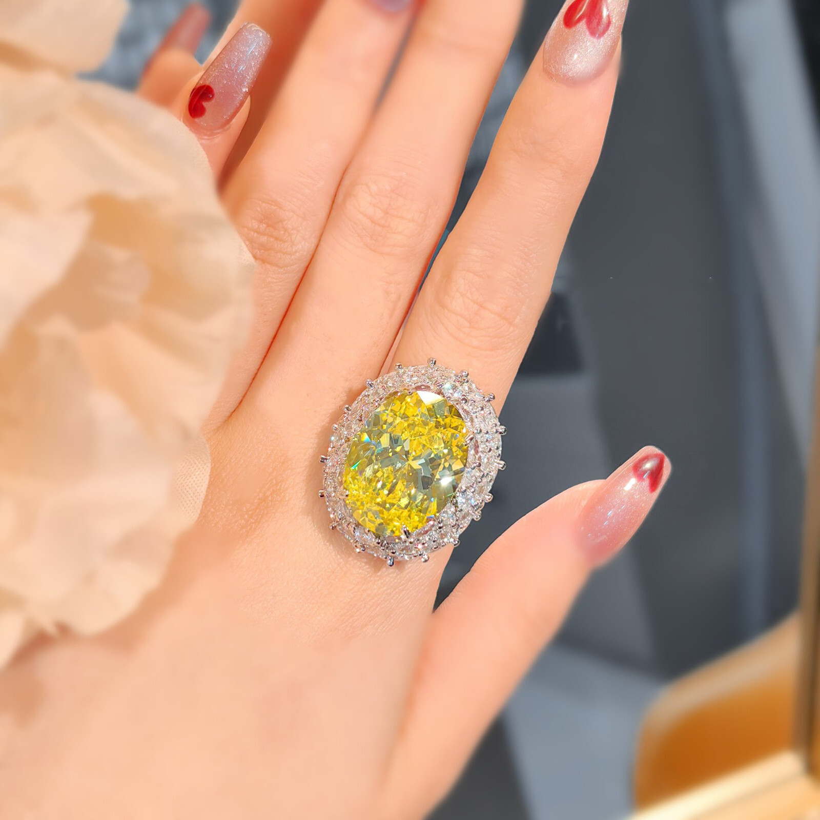 New 20mm Big Nest Cut Yellow Citrine White Topaz Gems Charm Silver Women Rings