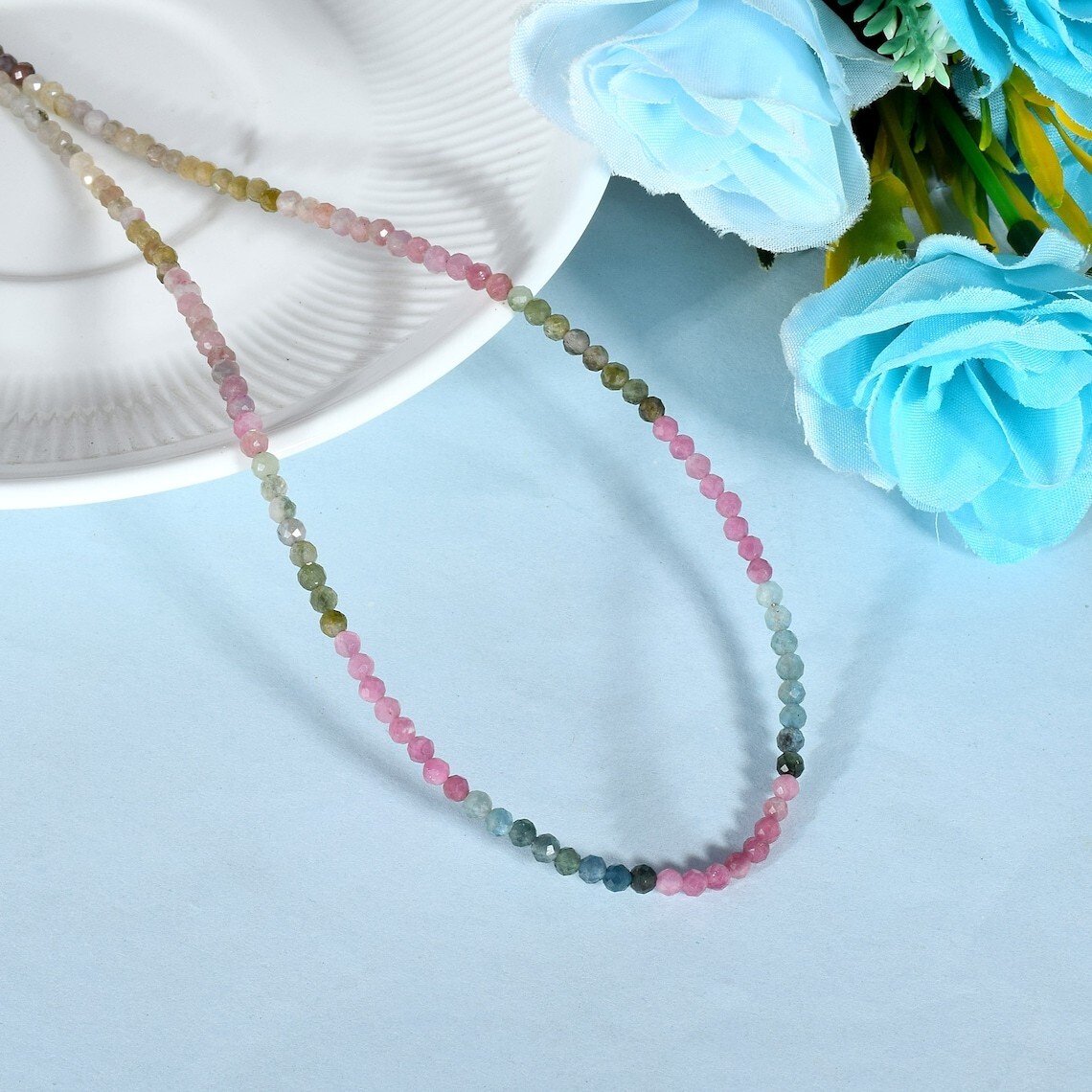 Beautiful Multi Tourmaline Faceted Round Gemstone Beads Handmade Necklace 18”