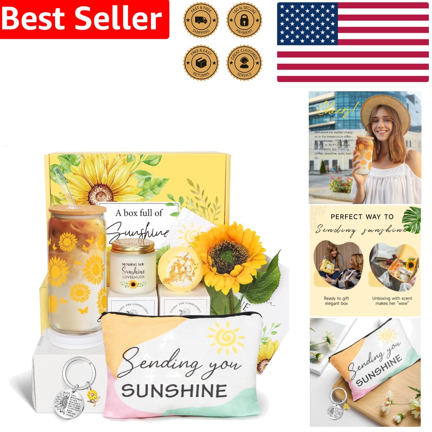 Sunflower Gift Basket for Women, 7pc Sending Sunshine Glass Cup Set