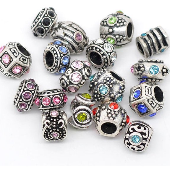 10PCs Mixed Silver Tone Rhinestone European Charm Spacer Beads Fit Bracelets