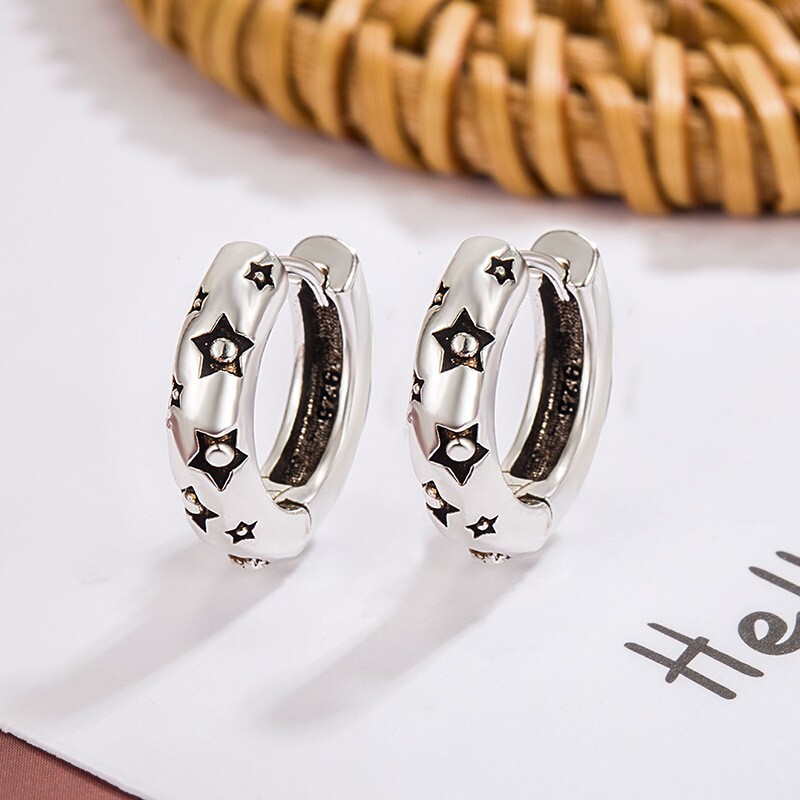 Retro 925 Sterling Silver Plated Star Printed Huggie Hoop Earrings 13mm/0.5″ J3