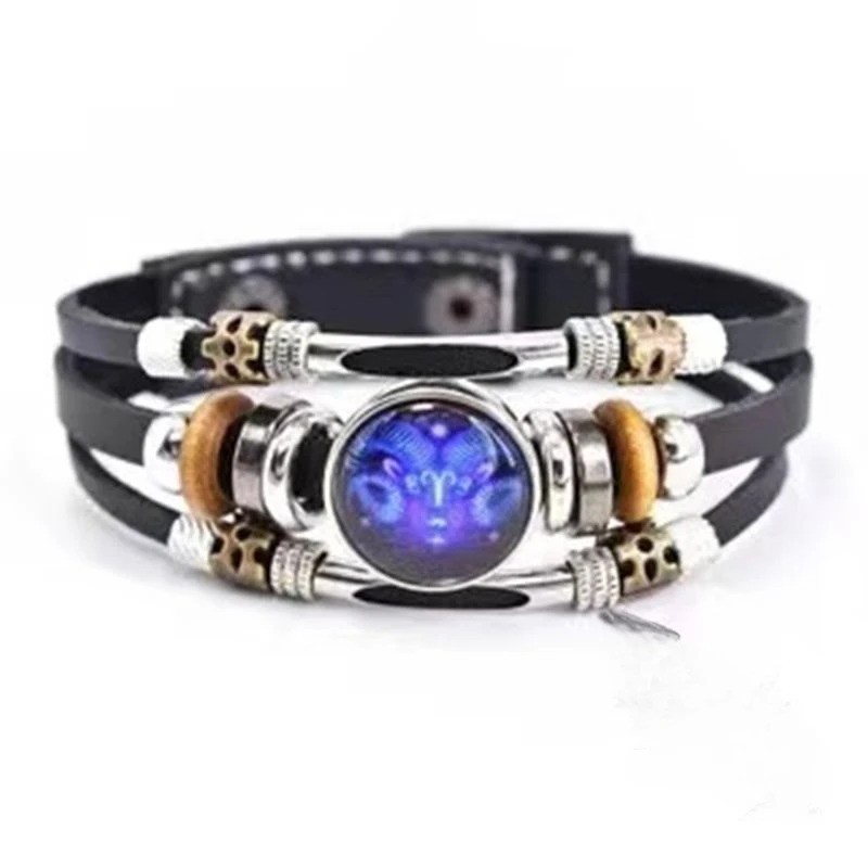 Zodiac Signs Spirit Bracelet, Beaded 12 Constellation Zodiac Leather Bracelet