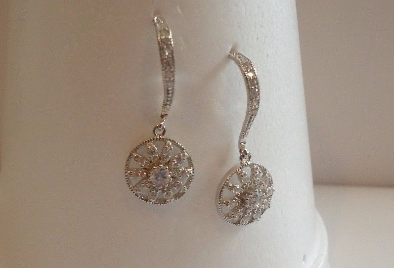 STERLING SILVER DROP/DANGLE EARRINGS .60 CT LAB CREATED DIAMONDS/ NEW DESIGN!