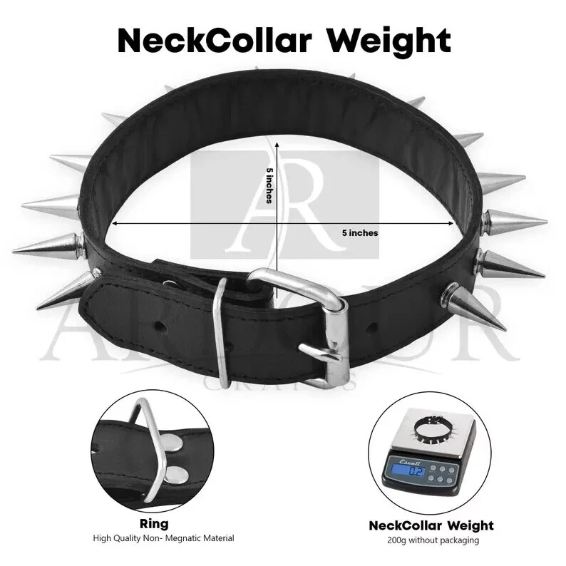 Black Real Leather Collar with Metal Spikes – Adjustable Punk Style Choker
