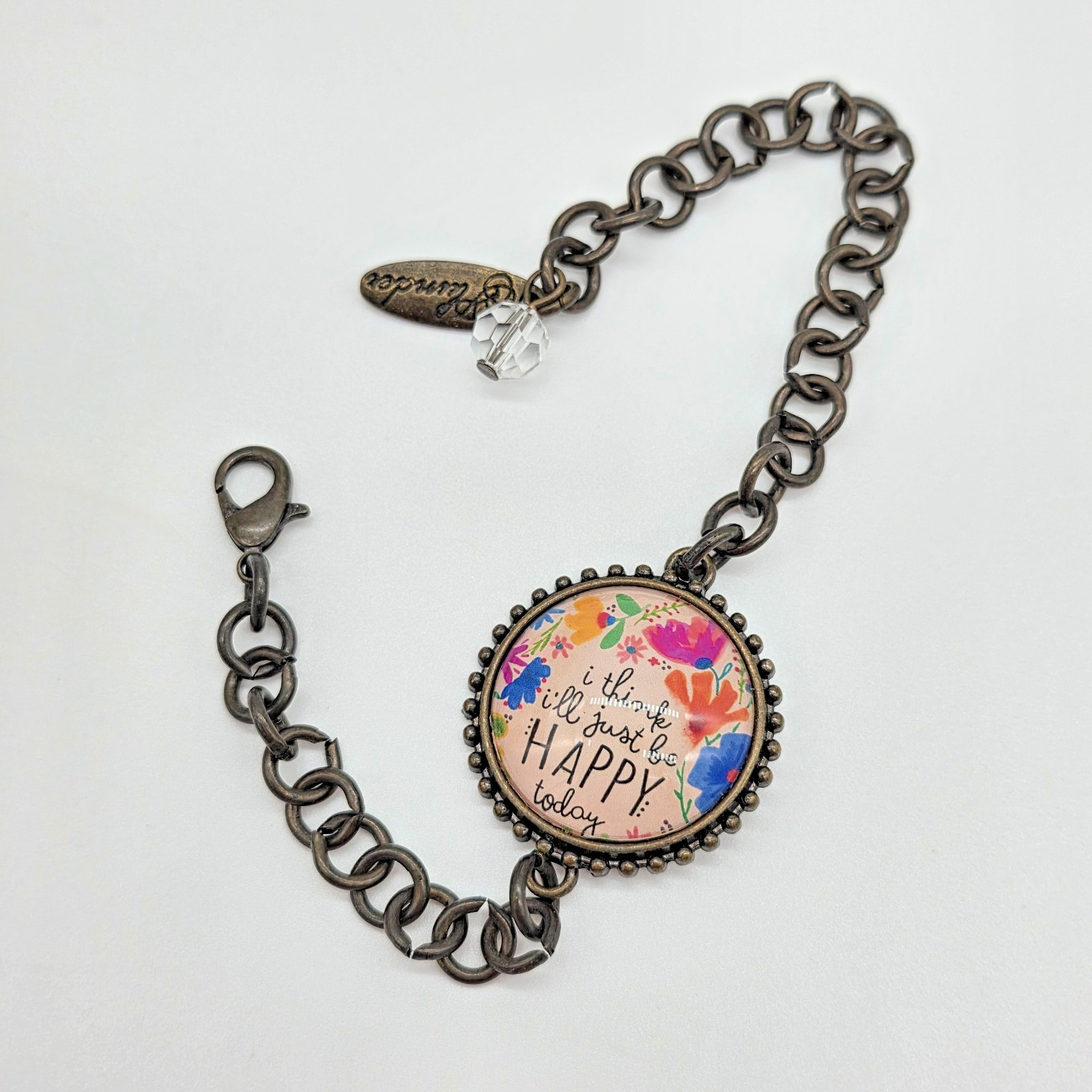 Plunder I Think I’ll Just Be Happy Today Floral Cabochon Bronze Bracelet 8”