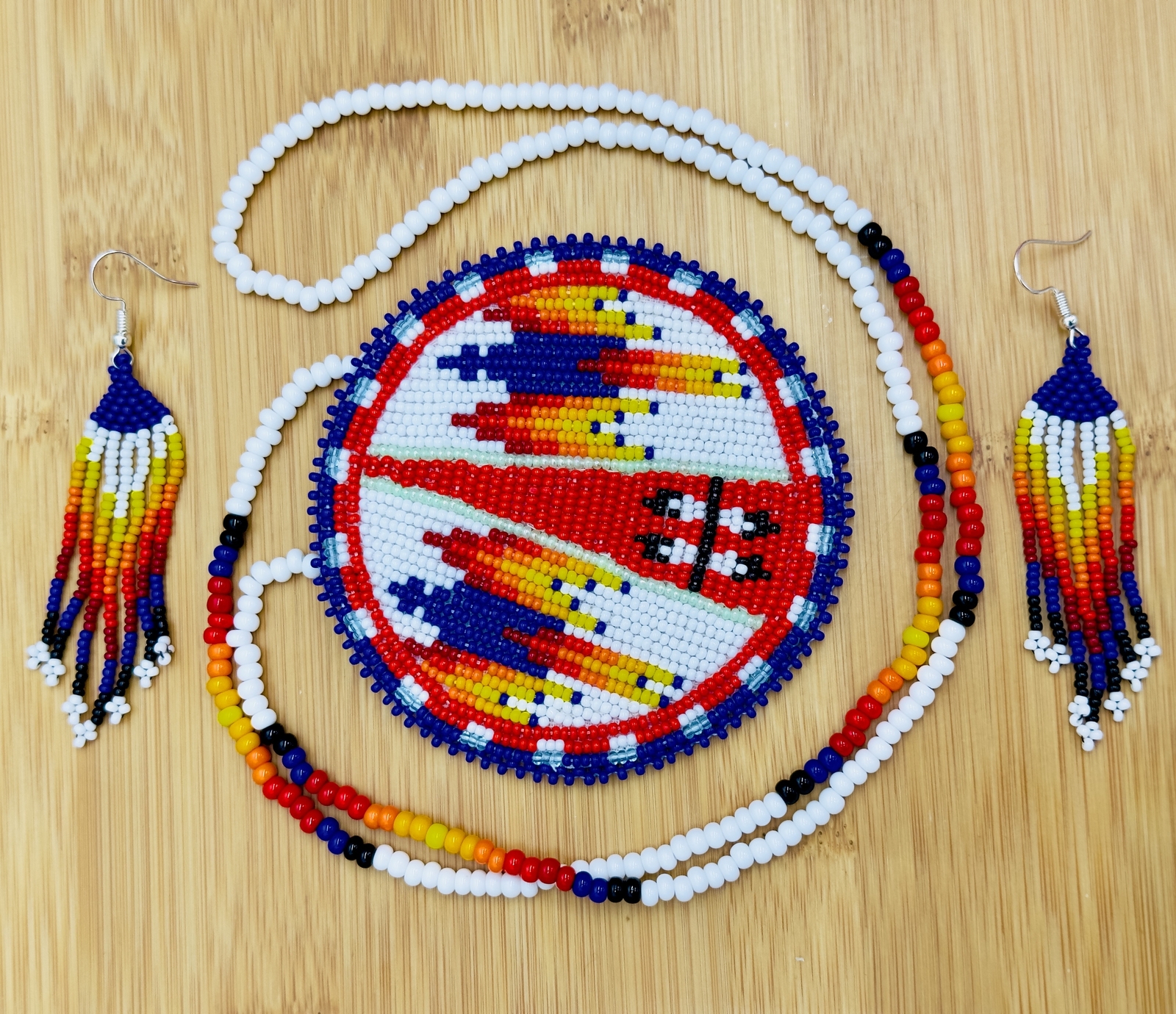 Handmade beaded White Deep blue medallion necklace earrings set