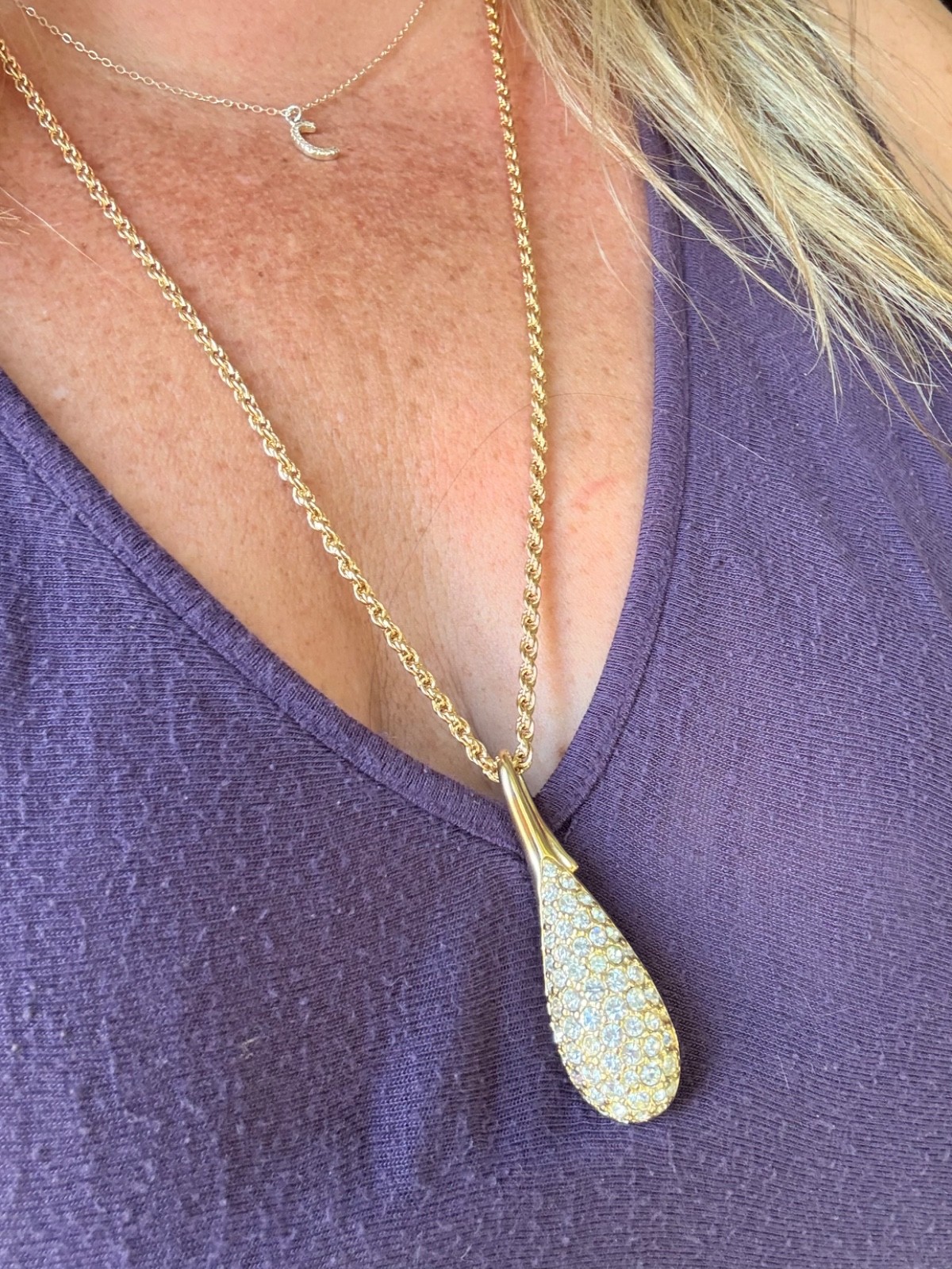 Vintage SWAROVSKI Swan Signed Pavé Crystal Teardrop Pendant Necklace Gold Plated