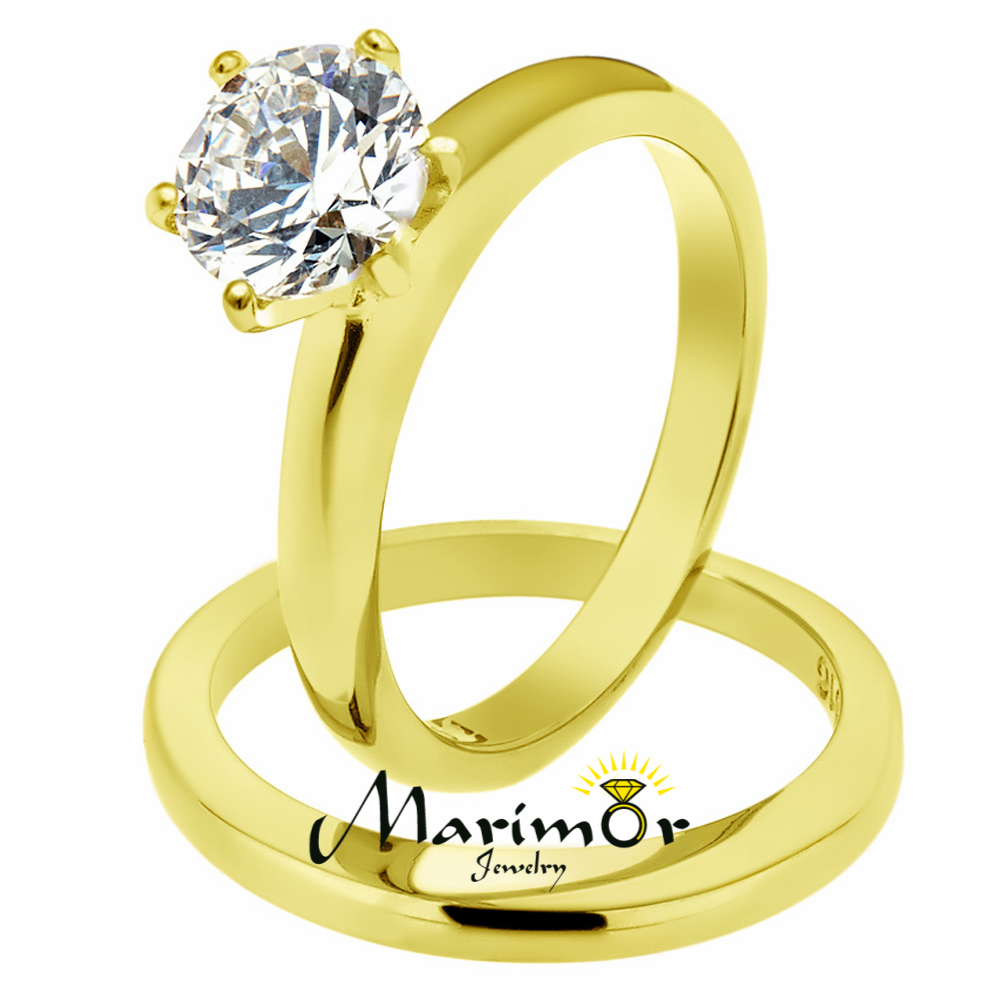 Stainless Steel Wedding Ring Set 2.05 Ct Round Cut CZ 14k GP Women’s Size 5-10