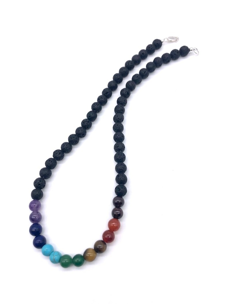 7 Chakra Lava Rock Grounding & Focus Smooth Round Gemstone Beads Necklaces 18”