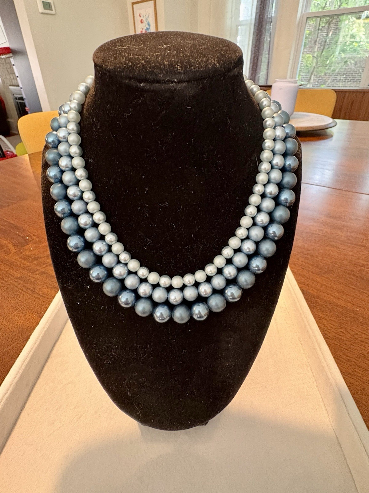 Triple Strand Blue Round Beaded collar necklace