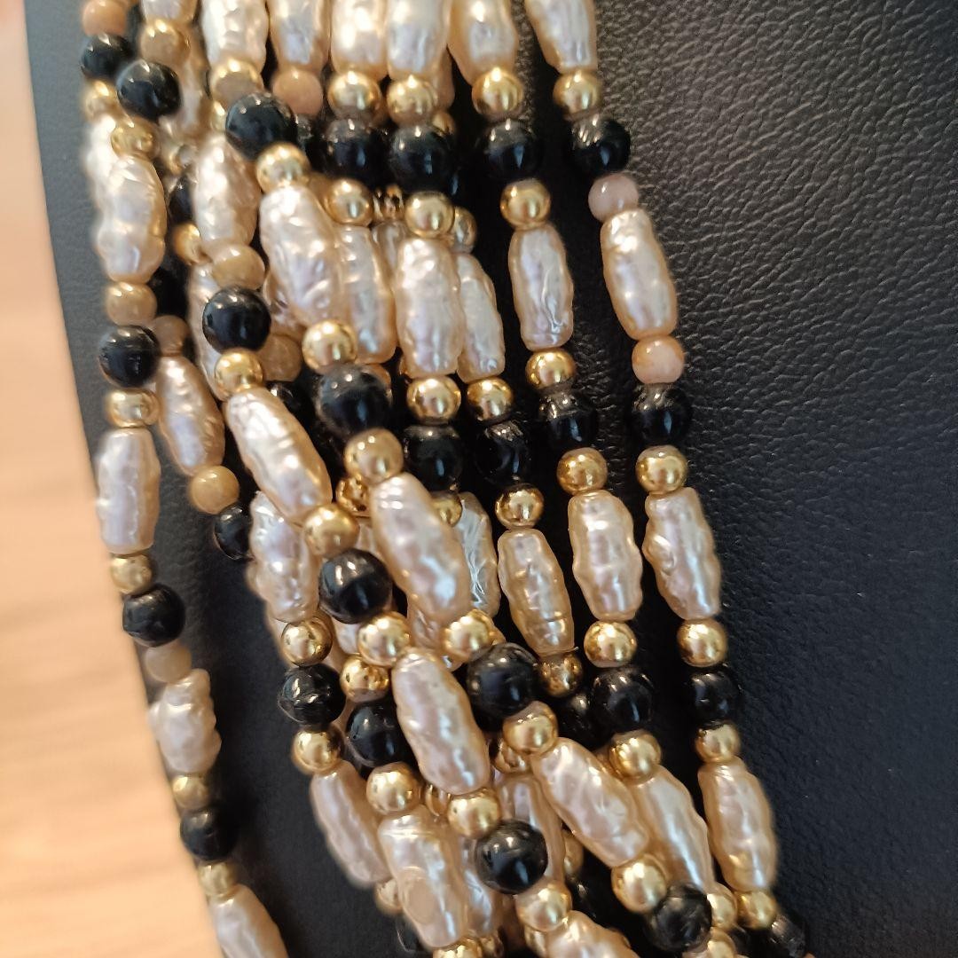 CELINE 12-strand Beaded Necklace Gold White Black Length: 18.1 in.Vintage