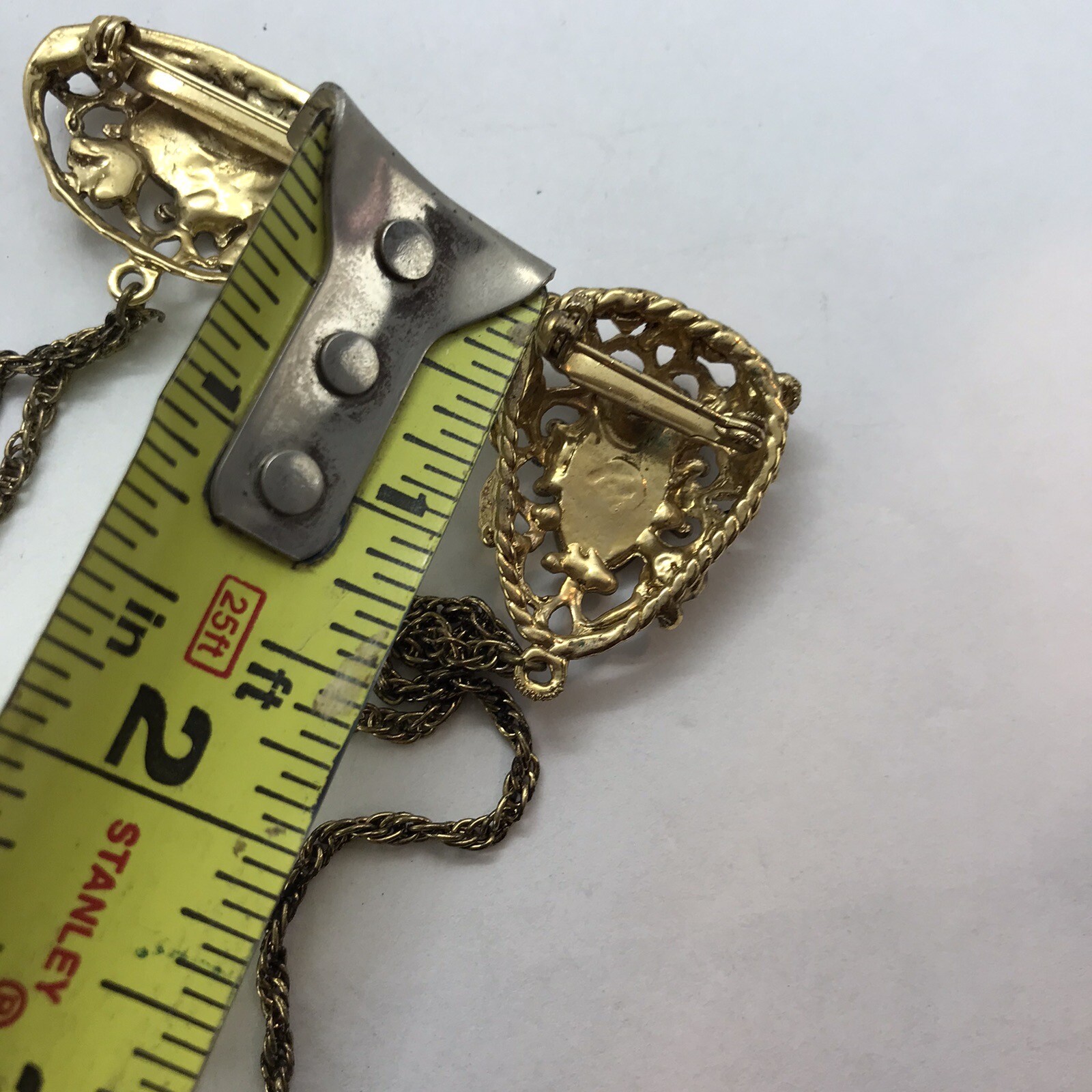 Vintage Brooch Enamel Dangler Chains Double Pin Victorian Revival