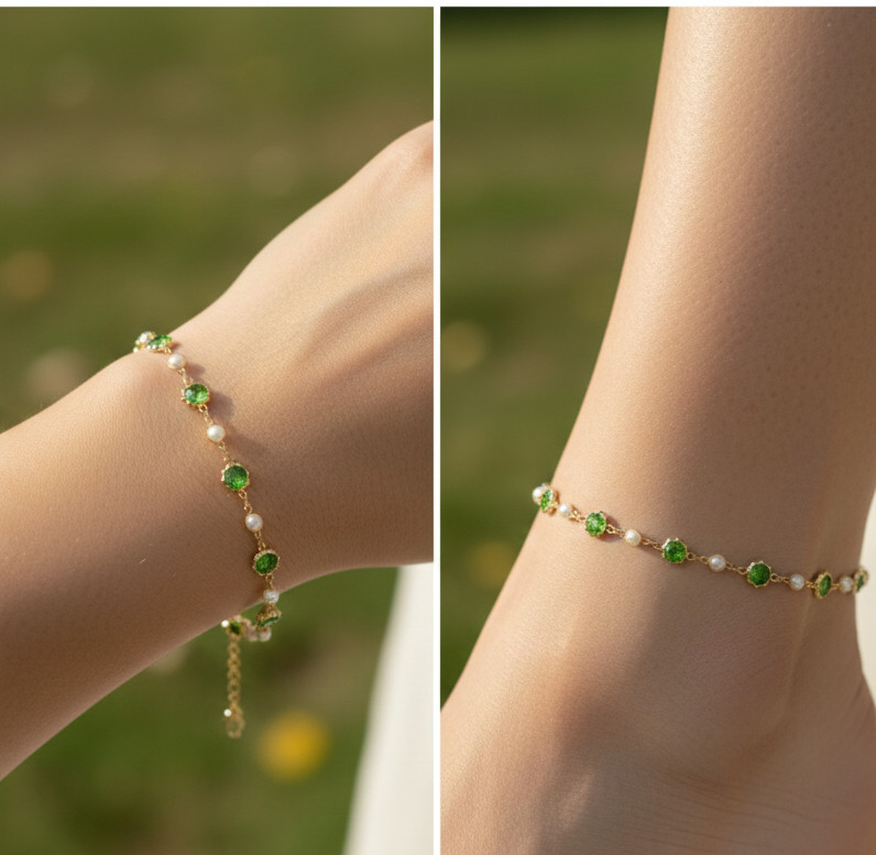 Elegant Gold Color Anklet Boho Ethnic Green Emerald Tone Stone Chain Anklet