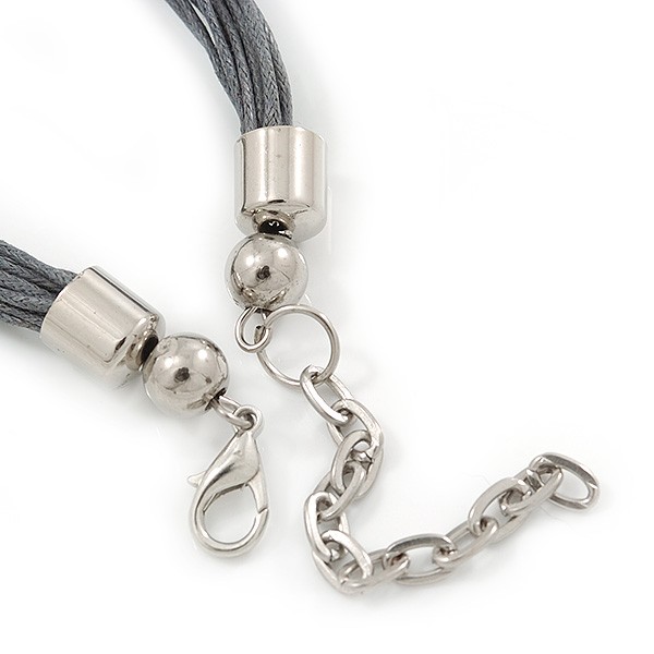 3 Strand Grey Cotton Cord Necklace with Metal Rings In Silver Tone – 66cm L/