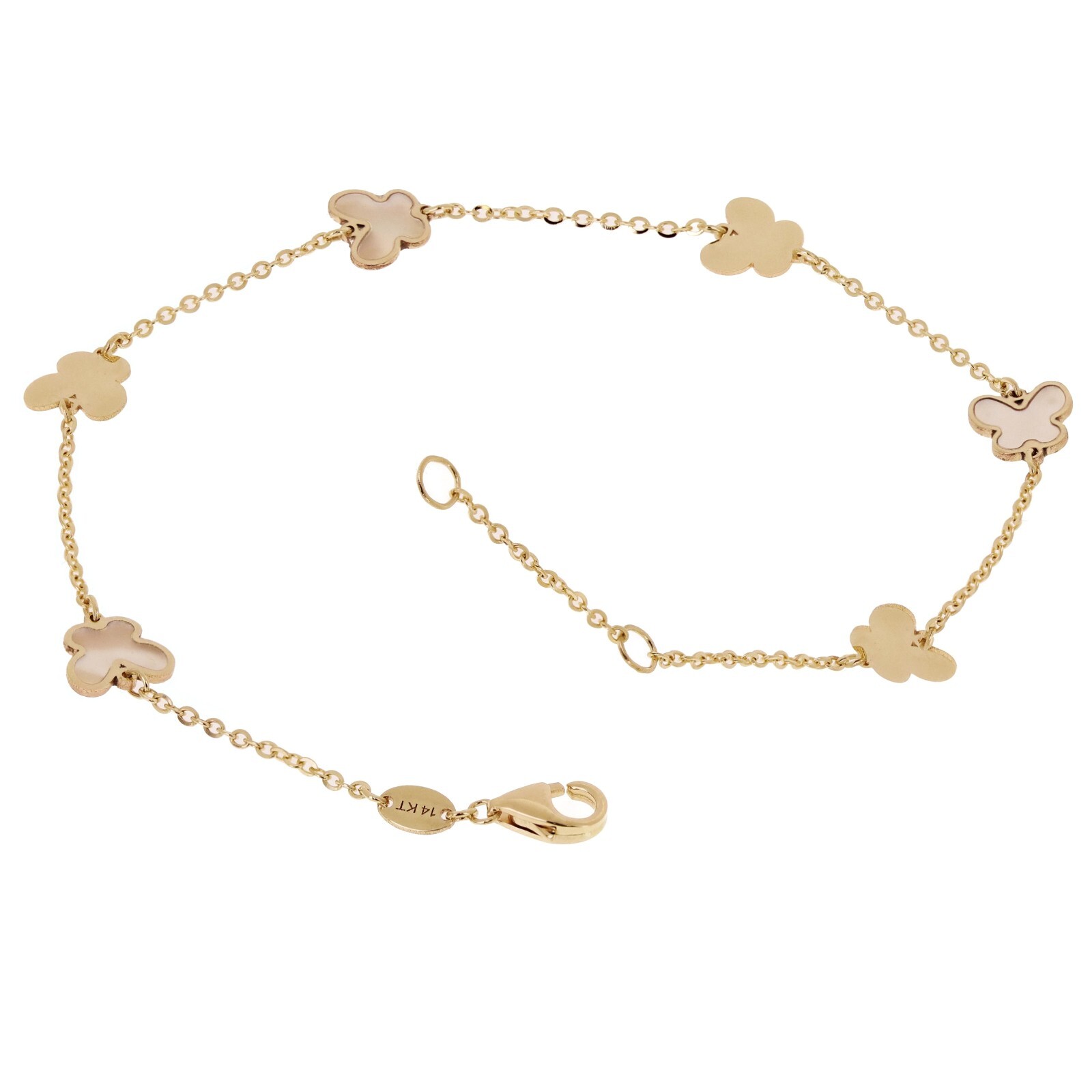 Italian 14k Yellow Gold Pearl BUTTERFLY Charm Station Bracelet 7.5″ 1.8 grams