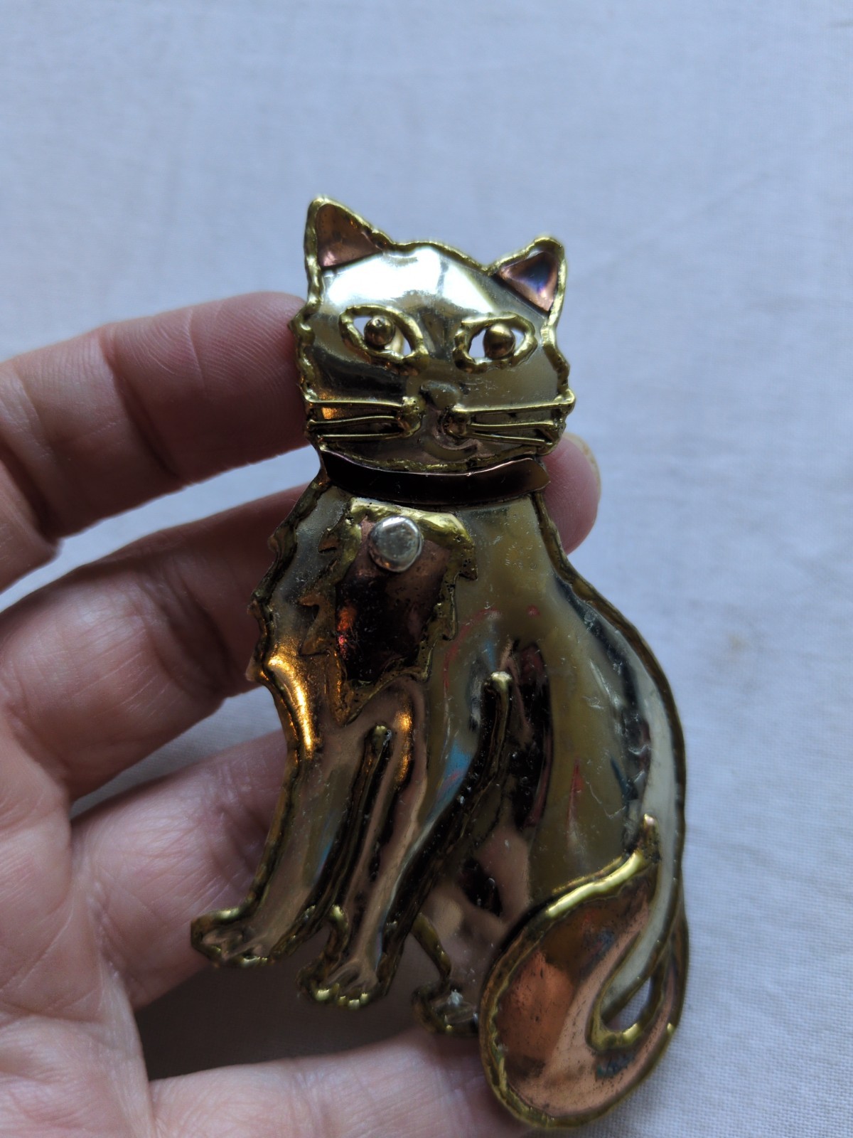 Vintage Cat Brooch Pin Lot Of 2, Mexican Mixed Metal And Pottery Artist Signed