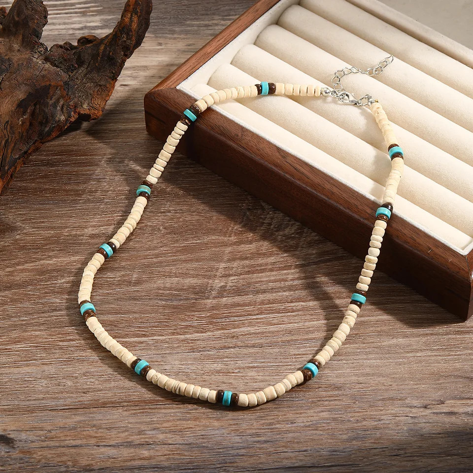 Natural Coconut Wood Necklace 19 Inch Round Bead Rope Chain Men Jewelry