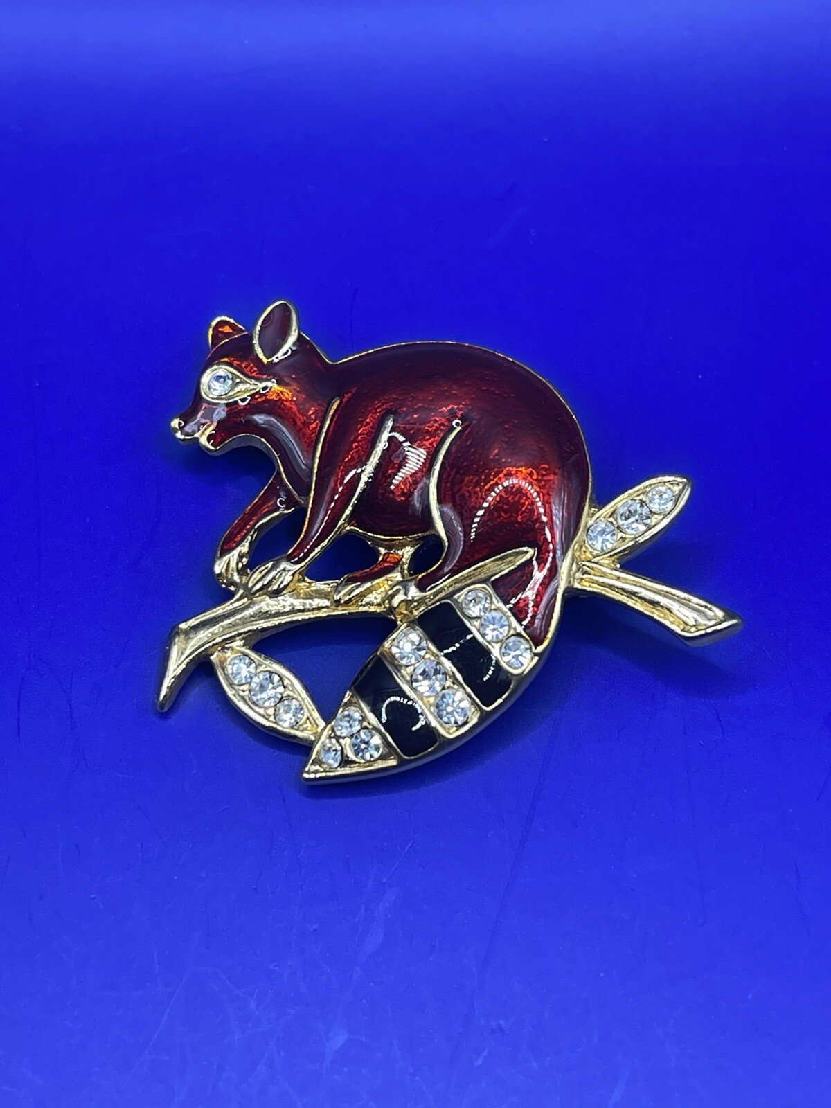 Gold Tone Raccoon Rhinestone Enamel Brooch Pin