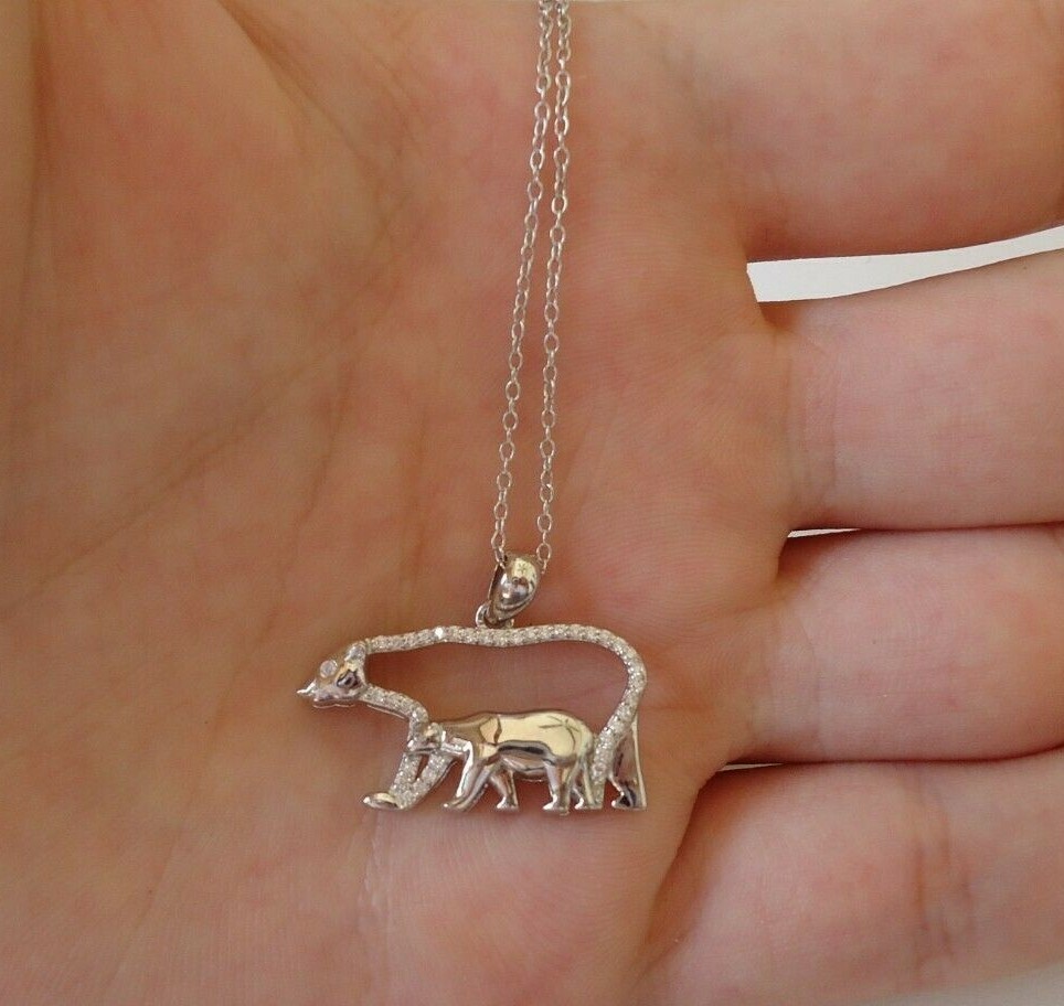 MAMA BEAR W/ BABY BEAR NECKLACE PENDANT W/LAB ACCENTS/ 925 STERLING SILVER/18”