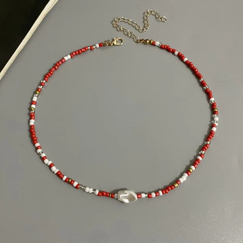Fashion Boho Beads Necklace Women Imitation Pearl Seed Beaded Strand Short Choke