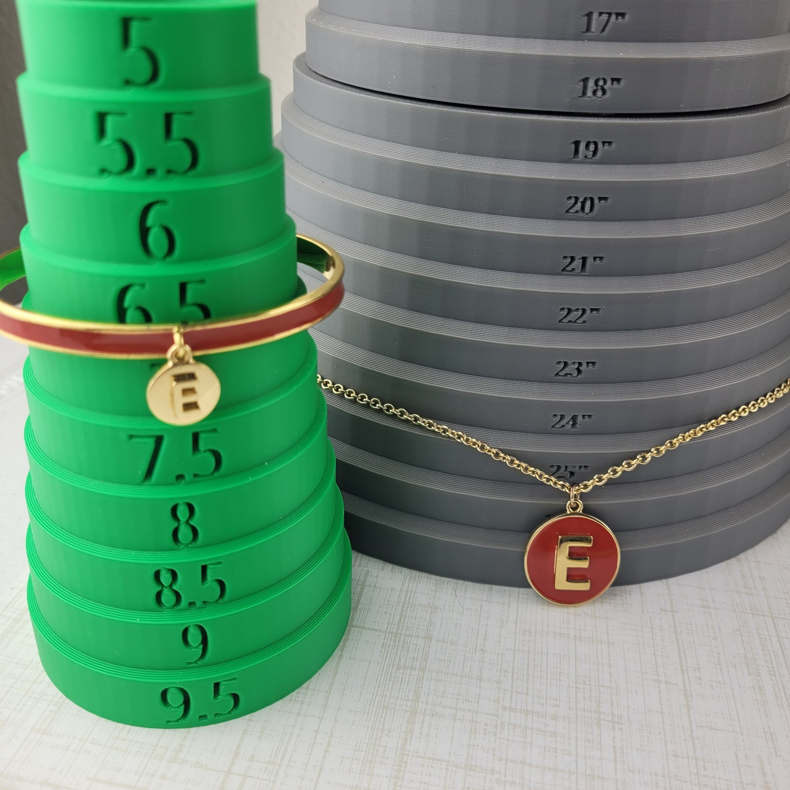Talbots Gold Tone Red Enamel Letter E Inital Necklace & Bracelet Set 24″