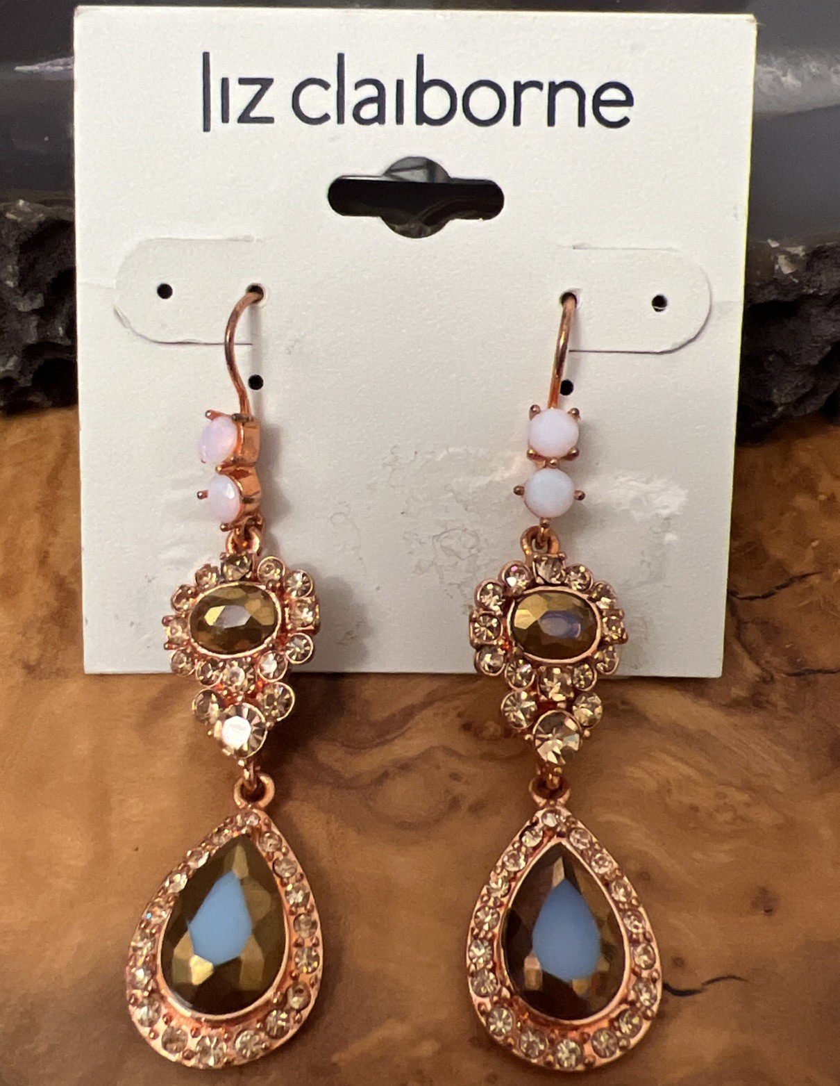 Liz Claiborne Rose Gold Tone Rhinestone Pierced Dangle Drop Earrings