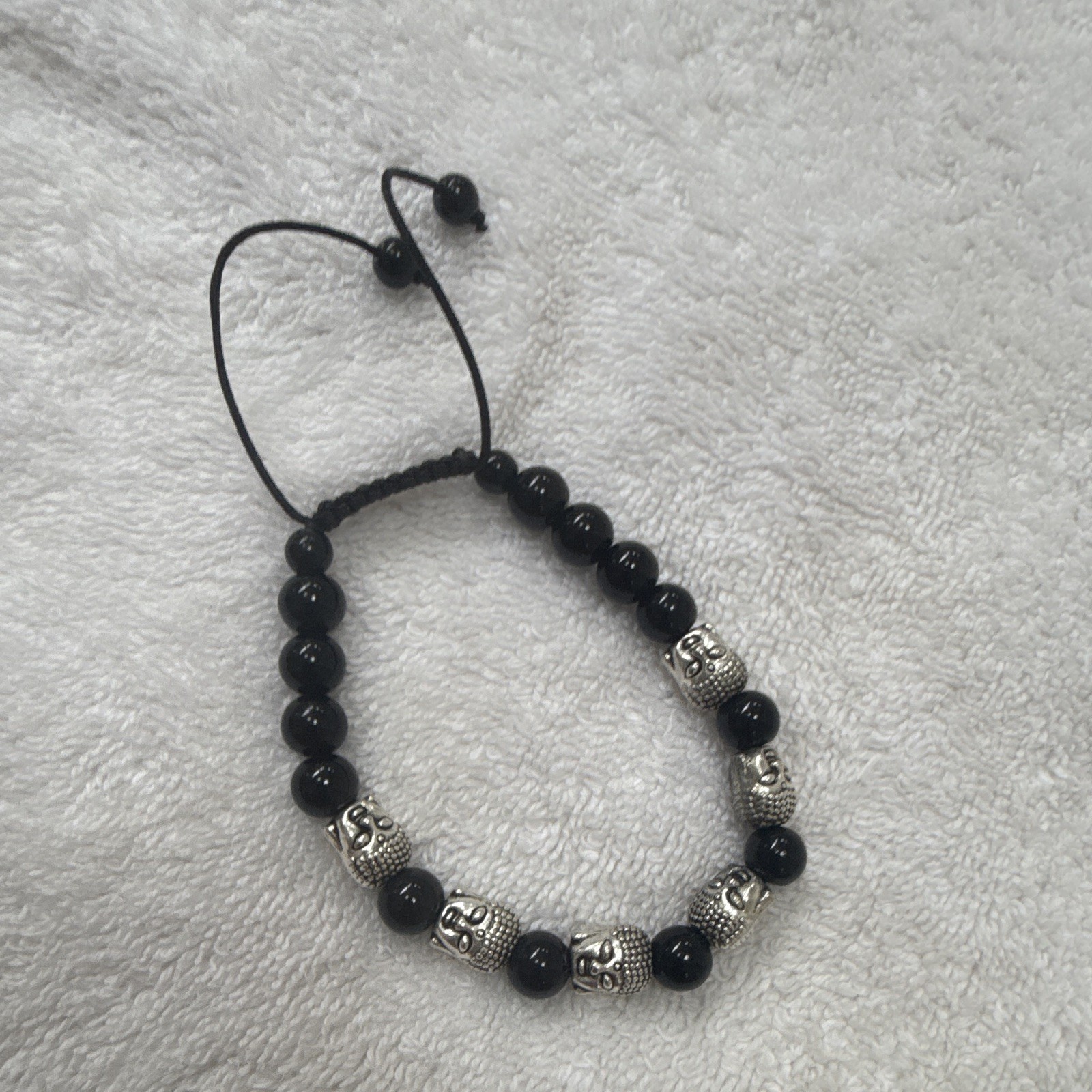 Black Beaded Adjustable Cord Bracelet with Silver-Tone Spacer Beads