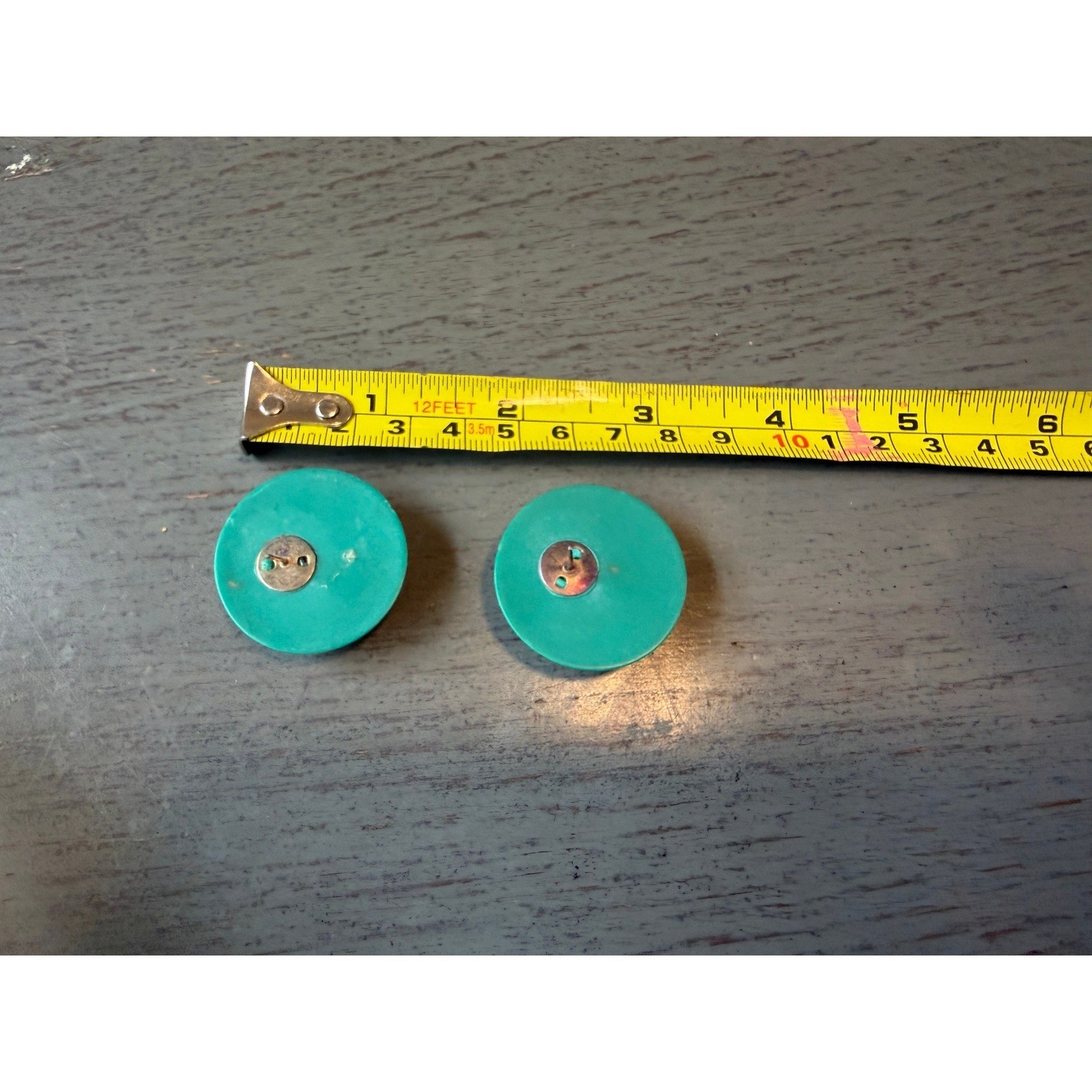 Vintage Teal Green and Cobalt Blue Button Stud Earrings Gold Etched Accent 1in