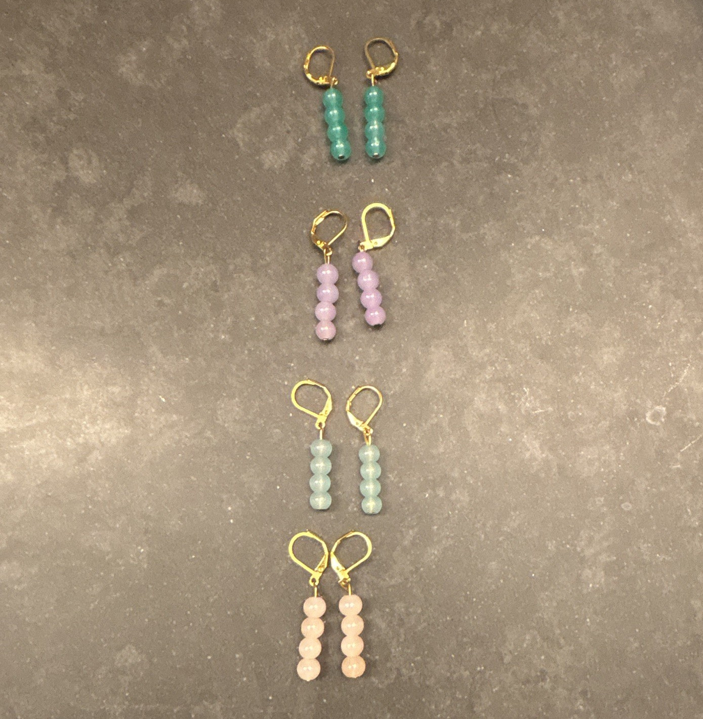 4 Pair Gold Tone Leverback Beaded Dangle Earrings Set Green Purple Blue Pink