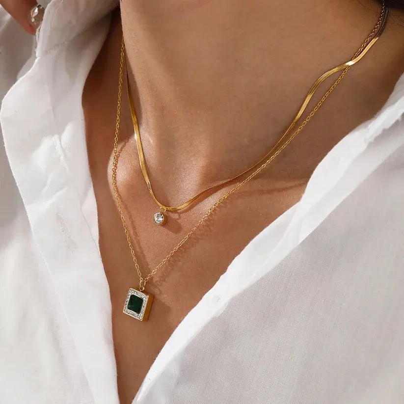 18k Gold Plated Layered Necklace with Emerald Square Pendant Waterproof