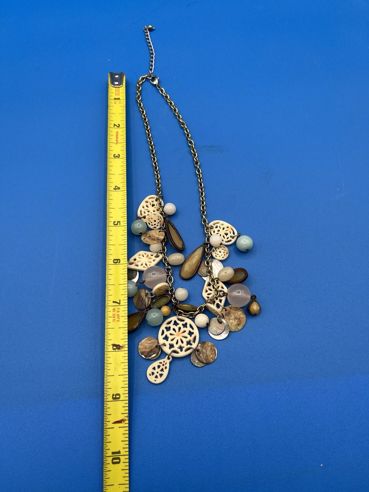 Gold Tone Curb Link Charm Necklace, Blue & White Acrylic Beads, 18 in